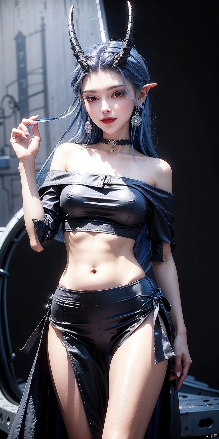 best quality, masterpiece, realistic,cowboy_shot,(Good structure), DSLR Quality,Depth of field,kind smile,looking_at_viewer,Dynamic pose, 
,Short skirt,Blue sky, white clouds, ocean, nai3, 1girl, solo, crop top, , choker, navel, shirt, midriff, crop top overhang, looking at viewer, white shirt, jewelry, breasts, bare shoulders, off-shoulder shirt, off shoulder, black choker, thighs, stomach, long hair, bracelet, short sleeves, ribbon, hand up, collarbone, hair ribbon, medium breasts, , bra strap, , hair ornament, thigh gap, necklace, expressionless, , ,aorun, blue hair,pointy ears,red eyes,horns