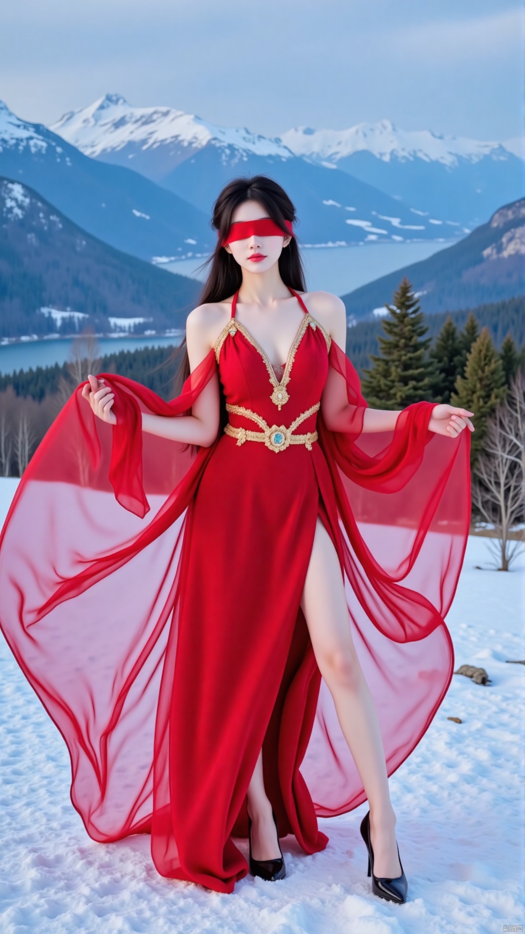 he image shows a young woman standing on a snowy mountain landscape. She is wearing a long, flowing red dress with a gold belt and black high heels. The dress has a deep V-neckline and long sleeves. The woman has long dark hair that is flowing in the wind and is covering her eyes with a red blindfold. Her arms are stretched out to the sides and her legs are slightly bent at the knees. The background shows a beautiful view of the mountains and trees. The sky is blue and the overall mood of the image is dreamy and ethereal.