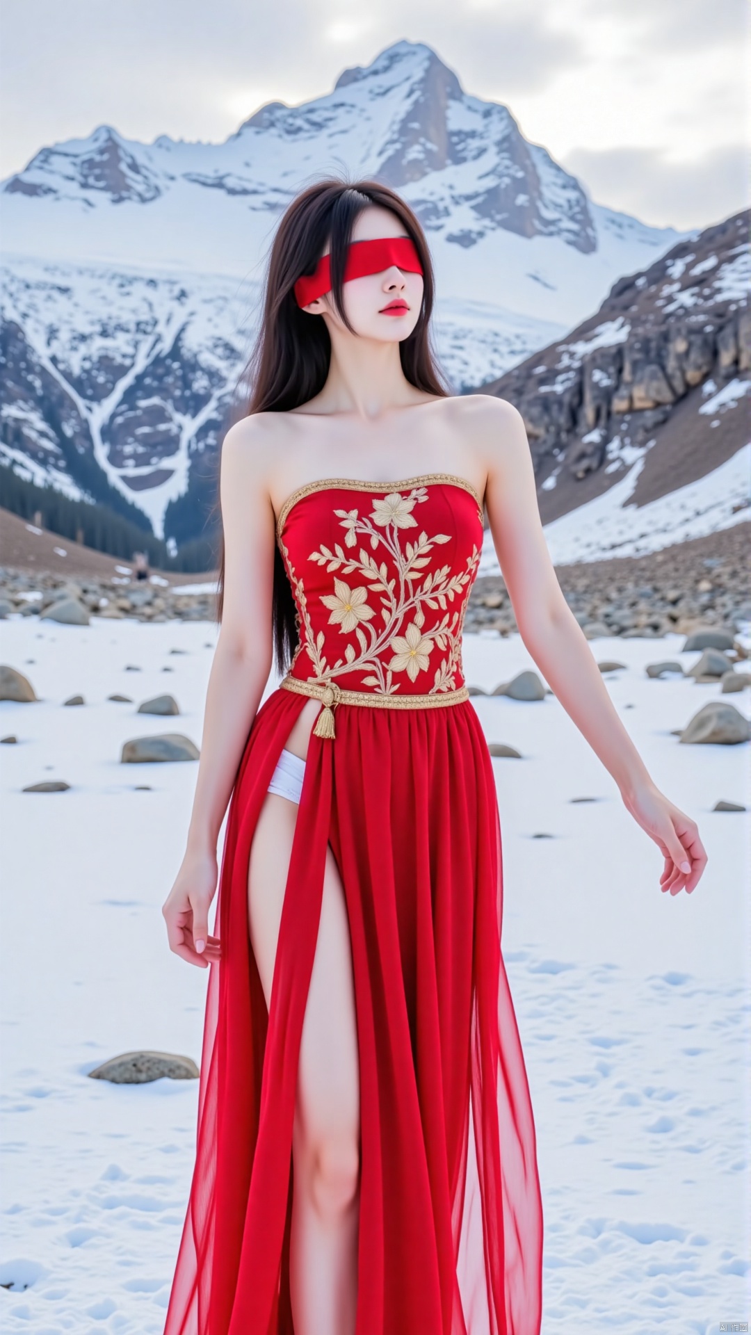 The image shows a young woman standing in a snowy landscape with a mountain in the background. She is wearing a long, flowing red dress with gold embroidery on the bodice and skirt. The dress has a high slit on the side, revealing her legs. The woman is also wearing a red blindfold covering her eyes. The sky is cloudy and the overall mood of the image is mysterious and ethereal.
