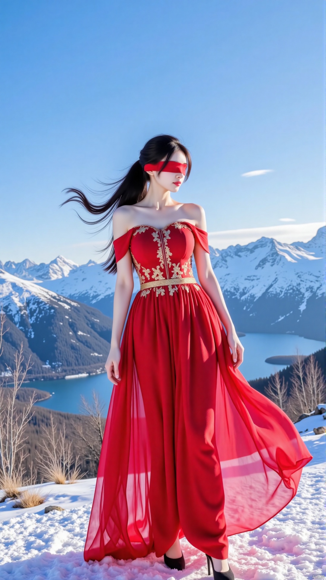 The image shows a young woman standing on a snowy mountain peak with a beautiful landscape in the background. She is wearing a long, flowing red dress with gold accents and black high heels. The dress has a sweetheart neckline and short sleeves. The woman has long dark hair that is blowing in the wind and is covering her eyes with a red blindfold. The sky is blue and the mountains are covered in snow, with a lake visible in the distance. The overall mood of the image is dreamy and ethereal.