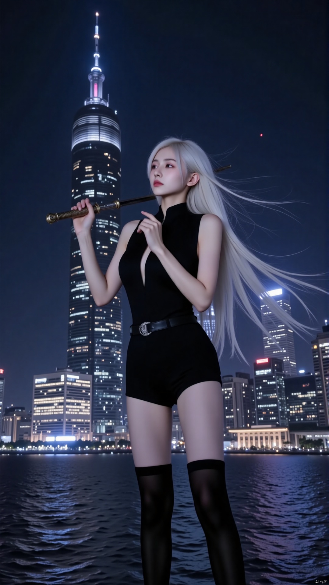 The image shows a young woman standing in front of a city skyline at night. She is wearing a black bodysuit with a plunging neckline and thigh-high stockings. She has long white hair that is flowing in the wind and is holding a sword in her right hand. The woman is standing on a concrete platform with a body of water in the background. The city skyline is lit up with colorful lights and there is a tall skyscraper in the distance. The sky is dark and the overall mood of the image is dramatic and mysterious.