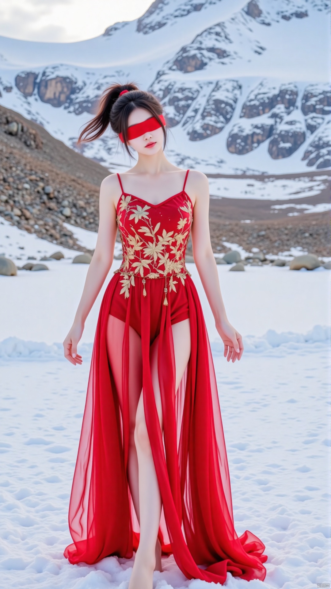 The image shows a young woman standing in a snowy landscape with a mountain in the background. She is wearing a long, flowing red dress with gold embroidery on the bodice and skirt. The dress has a high slit on the side, revealing her legs. The woman is also wearing a red blindfold covering her eyes. The sky is cloudy and the overall mood of the image is mysterious and ethereal.