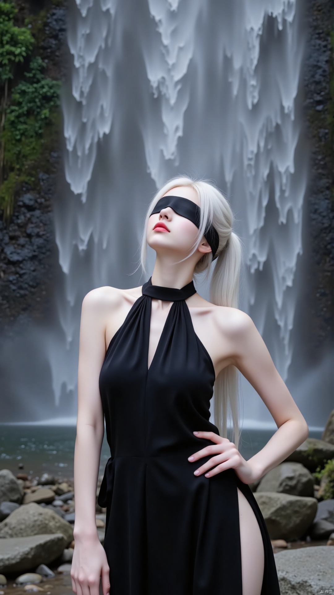 The image shows a young woman standing in front of a waterfall. She is wearing a black halter-neck dress with a high slit on the side. Her long white hair is styled in a half-up, half-down ponytail. She has a black blindfold covering her eyes. The waterfall cascades down a rocky cliff in the background, and the water is flowing over the rocks. The woman is looking up at the waterfall with a peaceful expression on her face. The overall mood of the image is serene and serene.