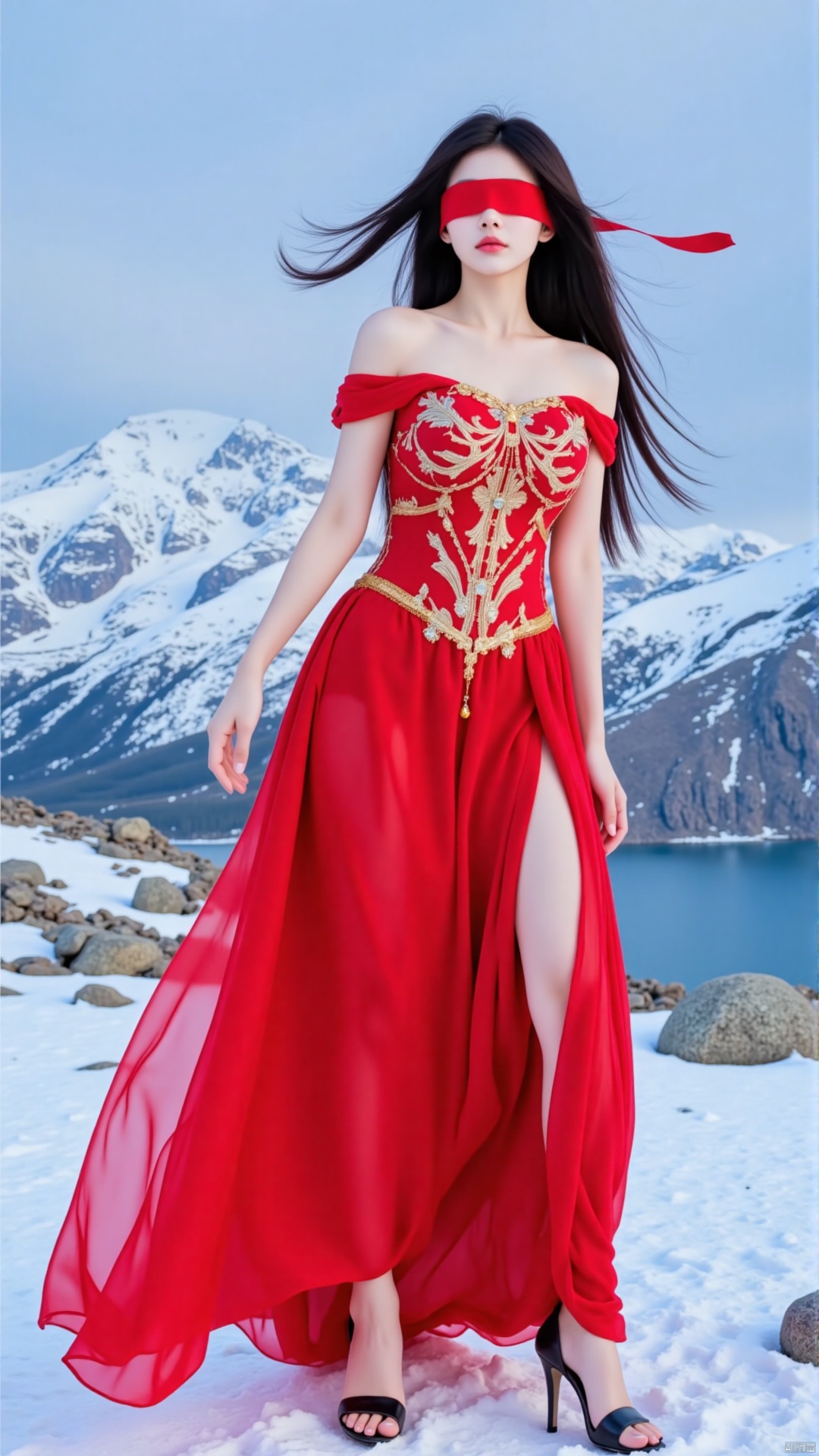 The image shows a young woman standing on a snowy mountain peak with a beautiful landscape in the background. She is wearing a long, flowing red dress with gold accents and black high heels. The dress has a sweetheart neckline and short sleeves. The woman has long dark hair that is blowing in the wind and is covering her eyes with a red blindfold. The sky is blue and the mountains are covered in snow, with a lake visible in the distance. The overall mood of the image is dreamy and ethereal.
