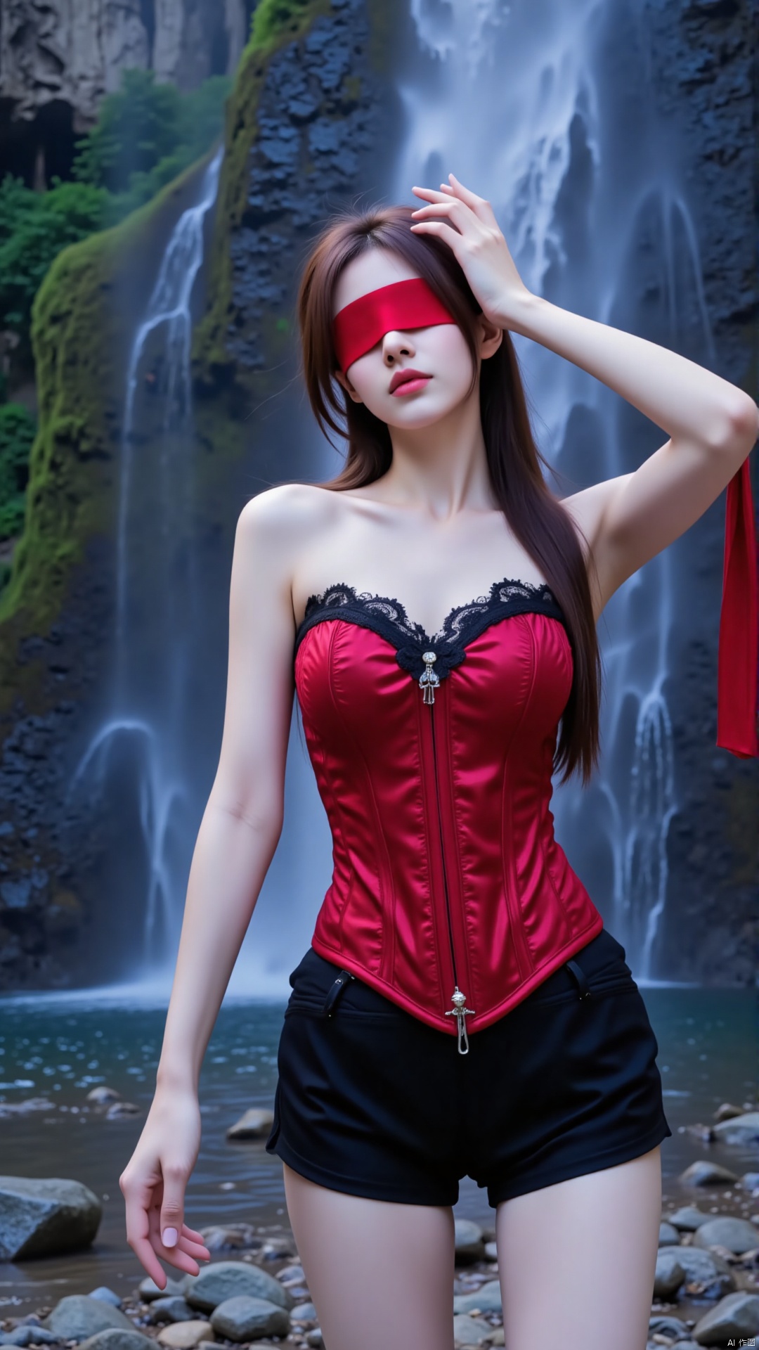 The image shows a young woman standing in front of a waterfall. She is wearing a red corset with black lace detailing and black shorts. She has long brown hair and is holding a red scarf over her eyes. The woman is posing with one hand on her hip and the other resting on her head. The waterfall cascades down a rocky cliff in the background. The sky is blue and the overall mood of the image is dramatic and mysterious.
