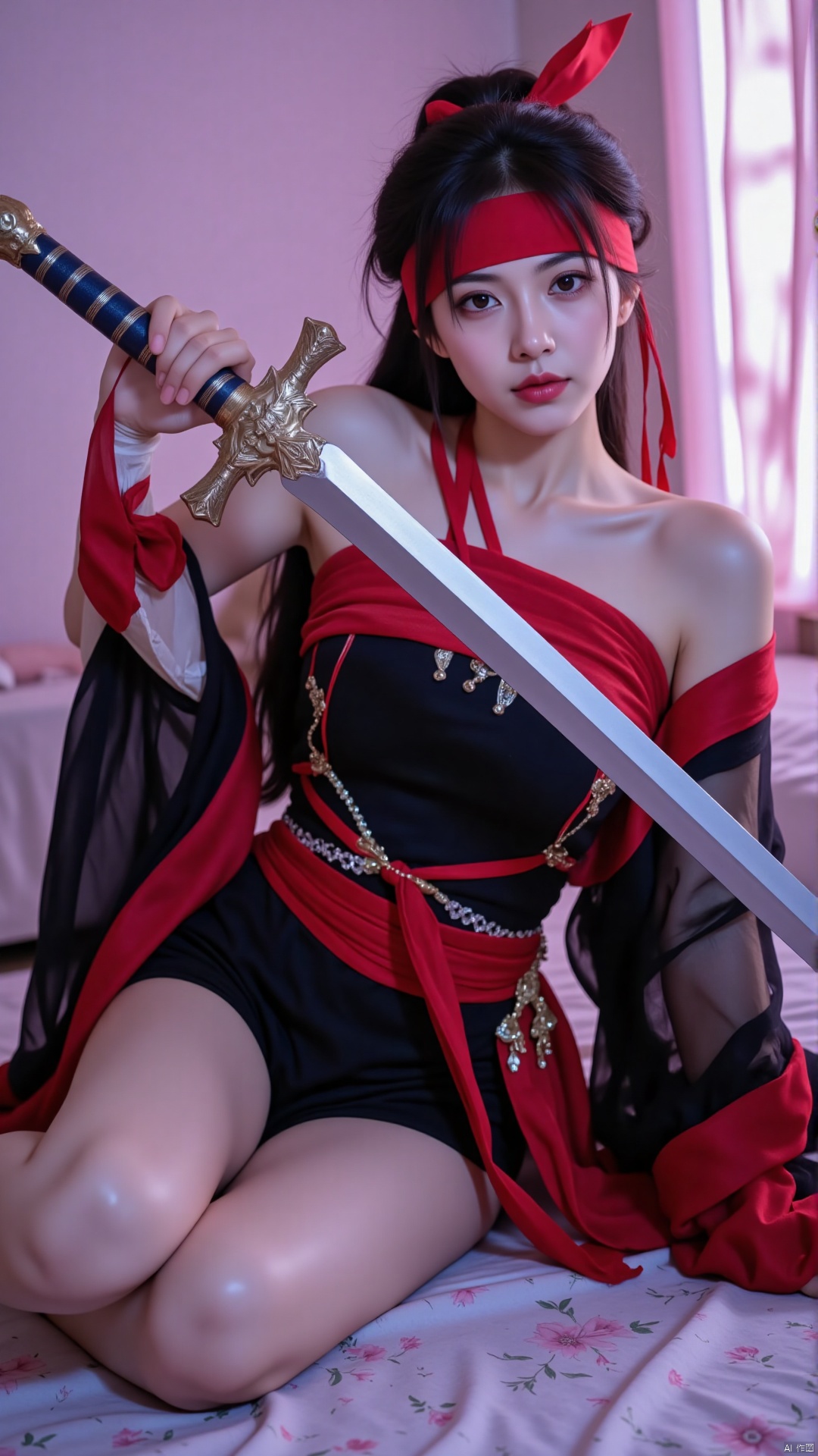 The image shows a young woman sitting on a bed with a large sword in her hand. She is wearing a red and black outfit with a red headband and a red ribbon tied around her head. The sword has a silver blade and a blue handle. The woman is holding the sword with both hands and is looking directly at the camera with a serious expression on her face. The bed has a white comforter with a floral pattern and there is a window with pink curtains in the background. The overall mood of the image is dark and mysterious.