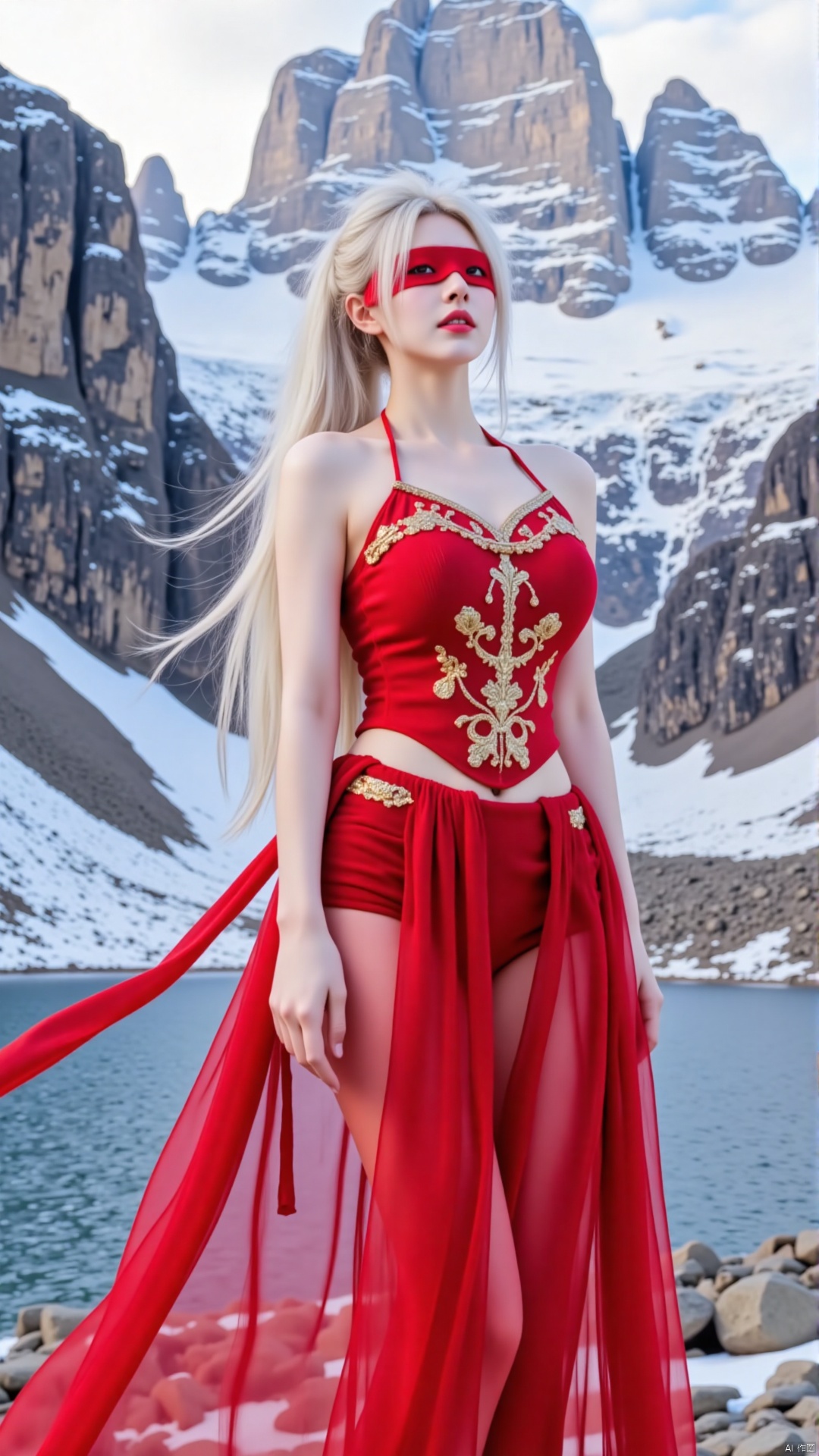 The image shows a young woman standing in front of a beautiful mountain landscape. She is wearing a red bodysuit with gold accents and a long red skirt that is flowing in the wind. The woman has long blonde hair that is styled in loose waves and is wearing red sunglasses. The mountains in the background are covered in snow and ice, and there is a body of water in the foreground. The sky is blue and there are a few clouds scattered across it. The overall mood of the image is peaceful and serene.