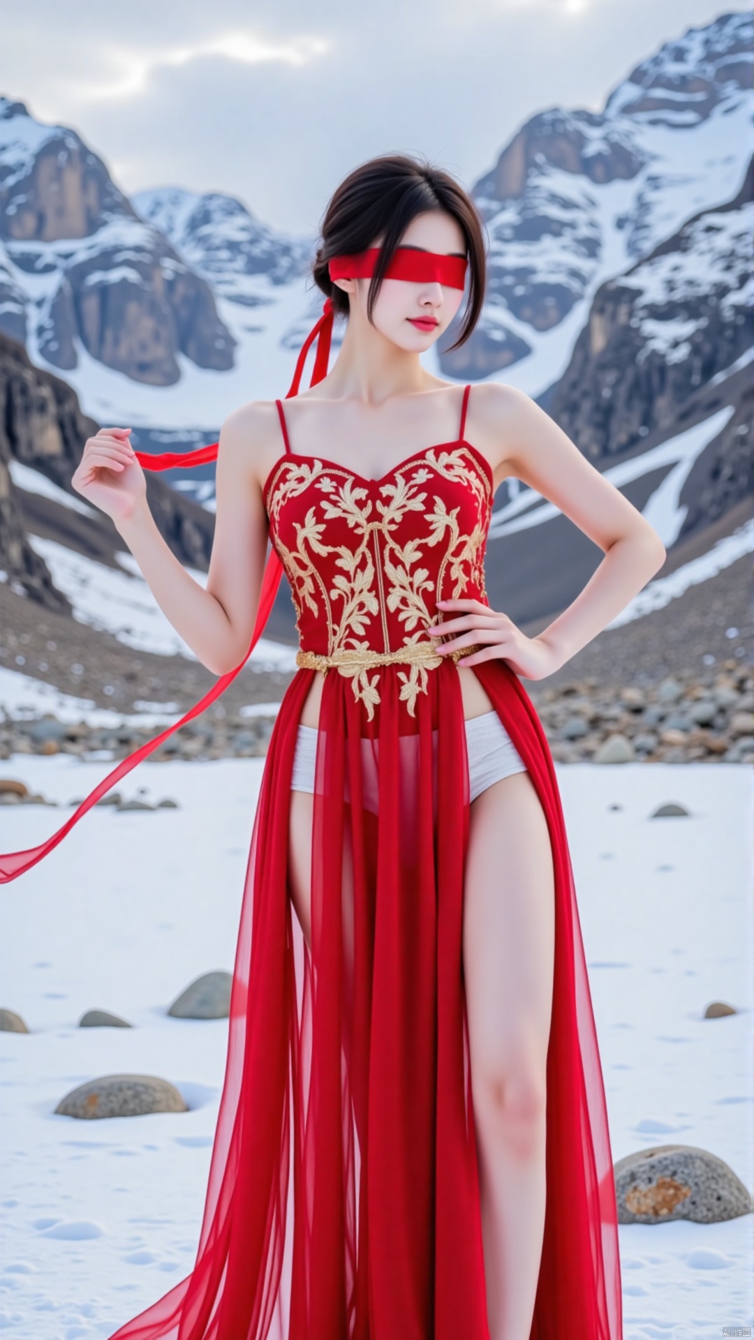The image shows a young woman standing in a snowy landscape with mountains in the background. She is wearing a long, flowing red dress with intricate gold embroidery on the bodice and skirt. The dress has a high slit on the side, revealing her legs. The woman is also wearing a red scarf tied around her head, covering her eyes and nose. The sky is cloudy and the overall mood of the image is dramatic and dreamy.