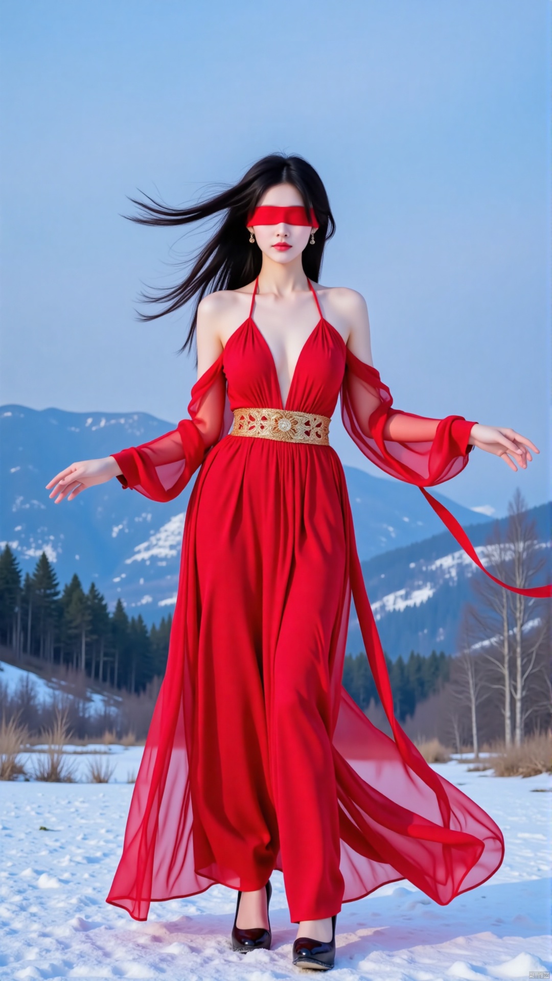 he image shows a young woman standing on a snowy mountain landscape. She is wearing a long, flowing red dress with a gold belt and black high heels. The dress has a deep V-neckline and long sleeves. The woman has long dark hair that is flowing in the wind and is covering her eyes with a red blindfold. Her arms are stretched out to the sides and her legs are slightly bent at the knees. The background shows a beautiful view of the mountains and trees. The sky is blue and the overall mood of the image is dreamy and ethereal.