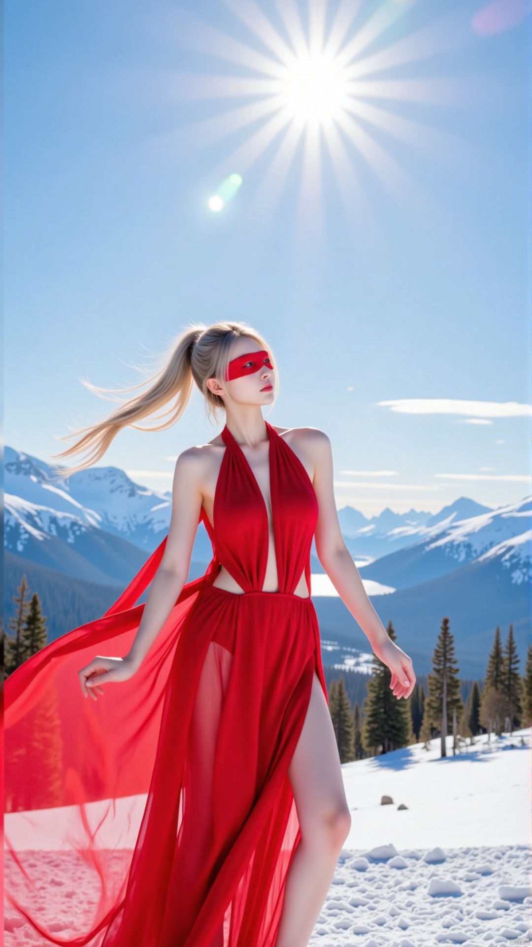 The image shows a young woman standing on a snowy landscape with a mountain in the background. She is wearing a long, flowing red dress with a halter neckline and a high slit on the side. The dress is flowing in the wind, creating a sense of movement and energy. The woman has long blonde hair that is styled in loose waves and is wearing red sunglasses. The sky is blue and the sun is shining brightly, casting a warm glow over the scene. The mountains are covered in snow and there is a body of water in the distance. The overall mood of the image is peaceful and serene.