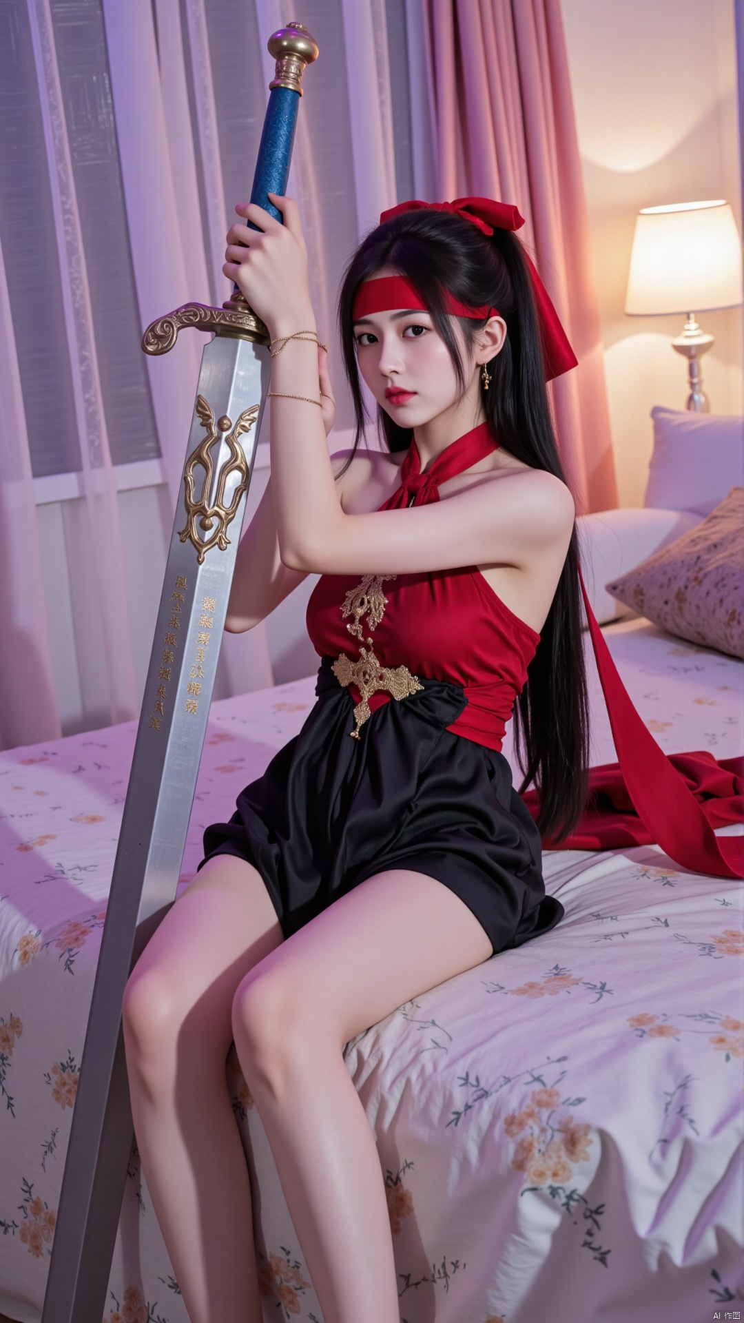 The image shows a young woman sitting on a bed with a large sword in her hand. She is wearing a red and black outfit with a red headband and a red ribbon tied around her head. The sword has a silver blade and a blue handle. The woman is holding the sword with both hands and is looking directly at the camera with a serious expression on her face. The bed has a white comforter with a floral pattern and there is a window with pink curtains in the background. The overall mood of the image is dark and mysterious.