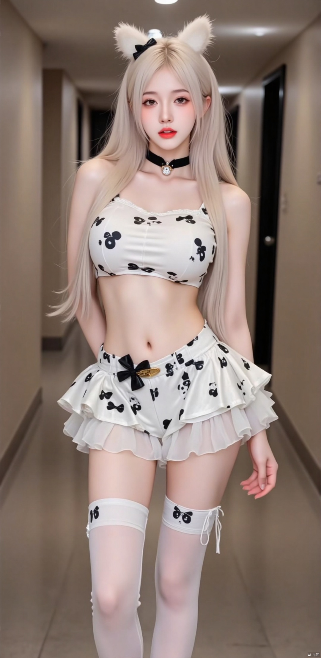 The image is of a young woman posing in a hallway. She is wearing a panda-themed outfit, consisting of a white crop top with black panda faces on it, a black choker necklace, and a pair of black and white ruffled shorts. She has long blonde hair styled in two panda ears with black bows on top. The outfit is completed with black thigh-high stockings. The woman is looking directly at the camera with a serious expression on her face.