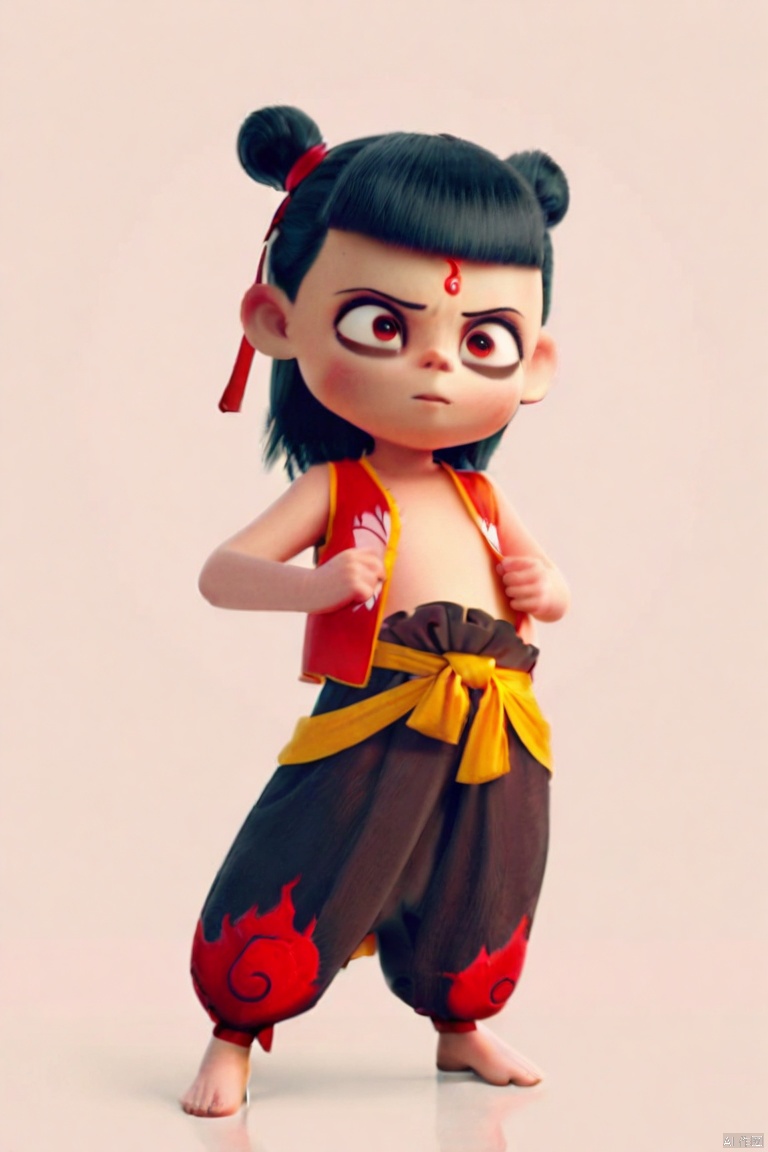 masterpiece, best quality, high quality, Nezha, 1girl, solo, simple background, black hair, red eyes, full body, barefoot, sleeveles, blunt bangs, hair bun, double bun, facial mark, child, forehead mark, baggy pants, open clothes
