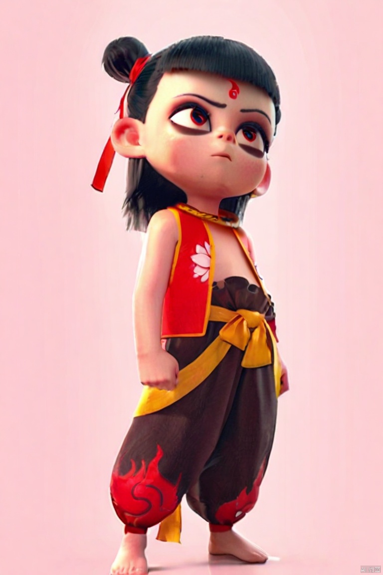 masterpiece, best quality, high quality, Nezha, 1girl, solo, simple background, black hair, red eyes, standing, full body, barefoot, sleeveles, blunt bangs, hair bun, double bun, facial mark, child, forehead mark, baggy pants