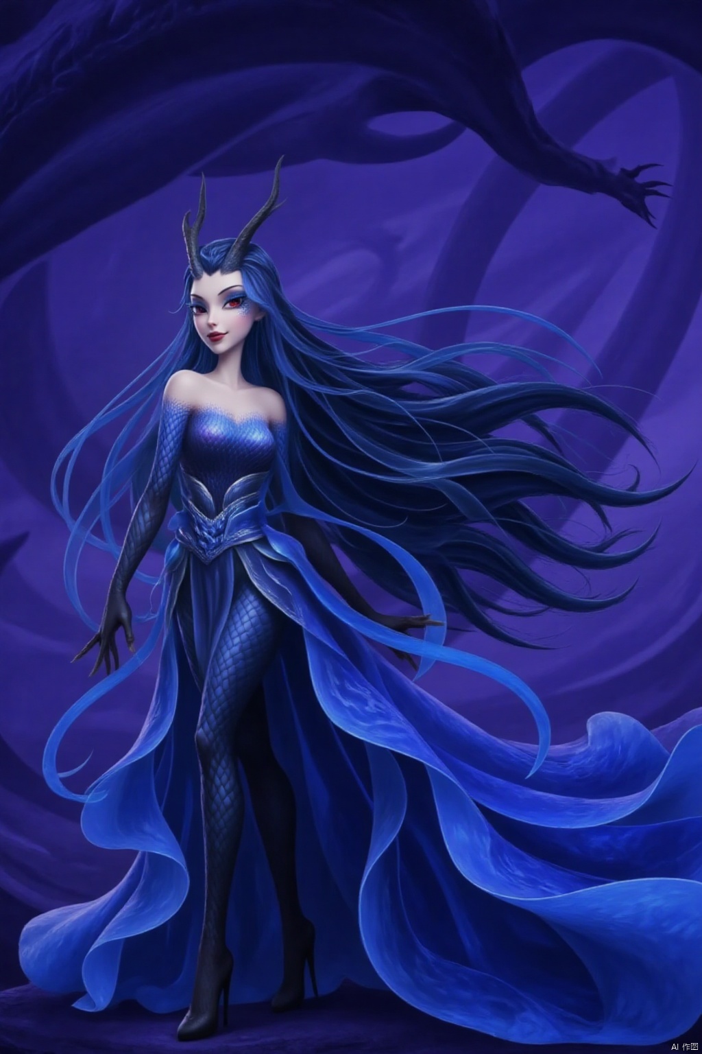 a medium-angle shot captures a vibrant blue mermaid with long flowing black hair, adorned with horns on her head. She is dressed in a flowing blue dress adorned with a blue ribbon, adding a touch of sparkle to her outfit. The backdrop is a deep purple hue, creating a striking contrast to the scene.