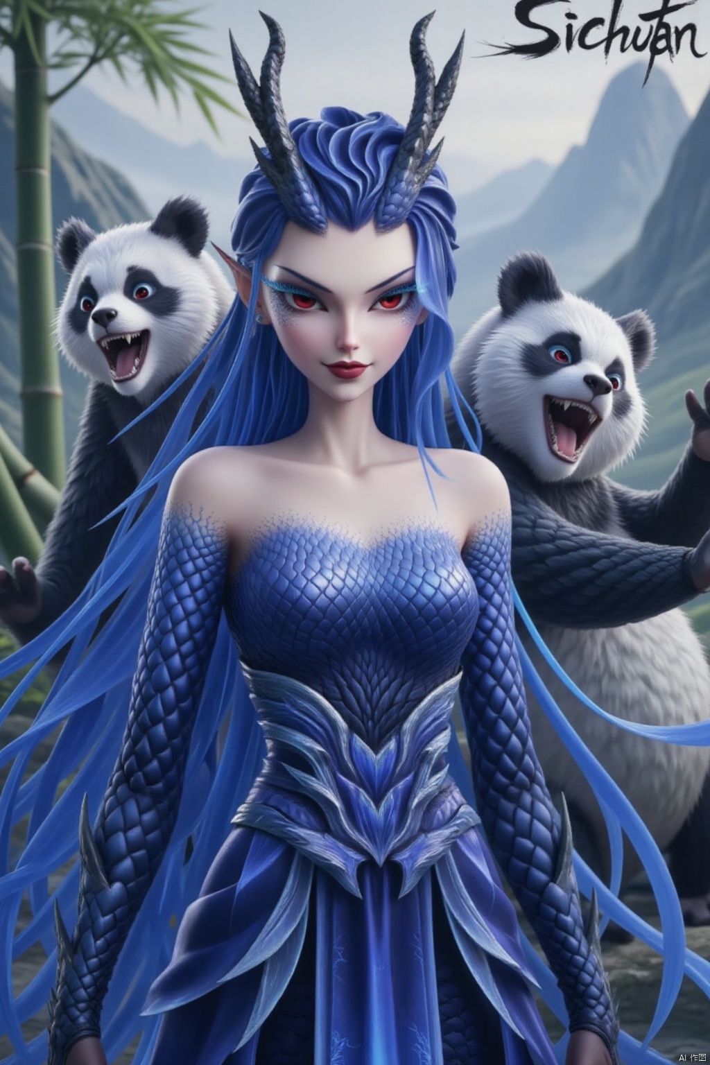 
A close-up shot of a woman. She was wearing a blue dragon patterned outfit, paired with a blue strapless bra. Her face is adorned with silver earrings, she has red pupils, black eyelashes, and pointed eyes. Her hair hung down on her back, his ears had silver reflections, and he was wearing an elegant and flowing blue long dress. She looked arrogant, with blue metal scales on her arms and legs. Glittering scales at the corners of the eyes, wicked smiles,
There are two adorable giant pandas behind, creating a sharp contrast between the background of mountains, rivers, and bamboo forests and the costumes of the characters. The word 'Sichuan' is prominently displayed in the upper right corner of the image.