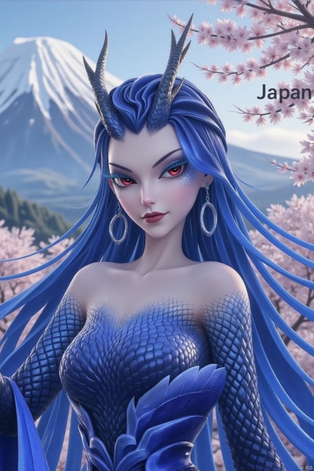 A close-up shot of a woman. She was wearing a blue dragon patterned outfit, paired with a blue strapless bra. Her face is adorned with silver earrings, she has red pupils, black eyelashes, and pointed eyes. Her hair hung down on her back, his ears had silver reflections, and he was wearing an elegant and flowing blue long dress. She looked arrogant, with blue metal scales on her arms and legs. Glittering scales at the corners of the eyes, wicked smiles,
And the blooming cherry blossoms next to it create a sharp contrast between the background of Mount Fuji in Japan and the costumes of the characters. The word 'Japan' is prominently displayed in the upper right corner of the image.