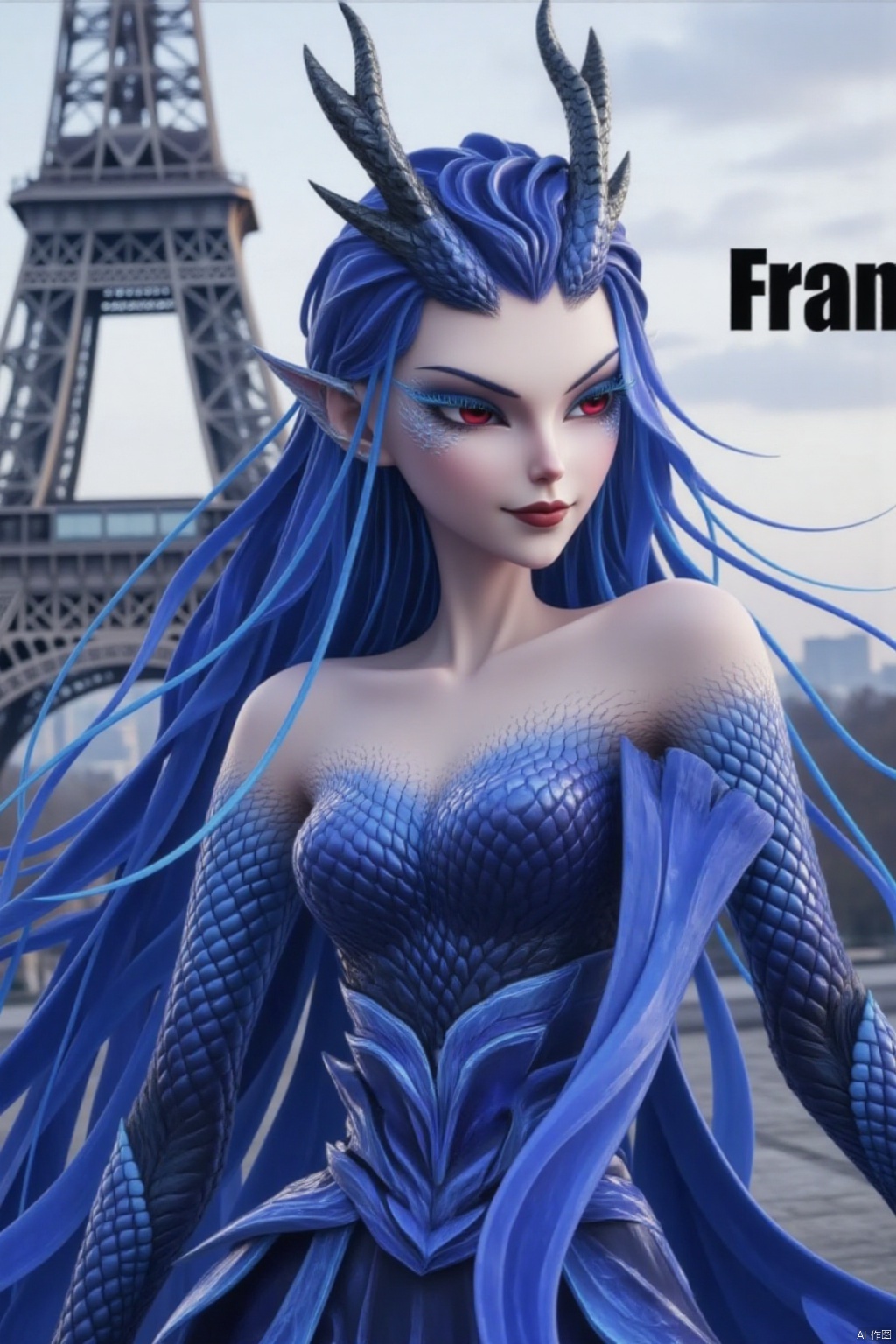
A close-up shot of a woman. She was wearing a blue dragon patterned outfit, paired with a blue strapless bra. Her face is adorned with silver earrings, she has red pupils, black eyelashes, and pointed eyes. Her hair hung down on her back, his ears had silver reflections, and he was wearing an elegant and flowing blue long dress. She looked arrogant, with blue metal scales on her arms and legs.
The sinister smile, shimmering scales at the corners of the eyes, and the nearby Eiffel Tower create a sharp contrast between the background of Paris, France and the costumes of the characters. The word 'France' is highlighted in the upper right corner of the image.