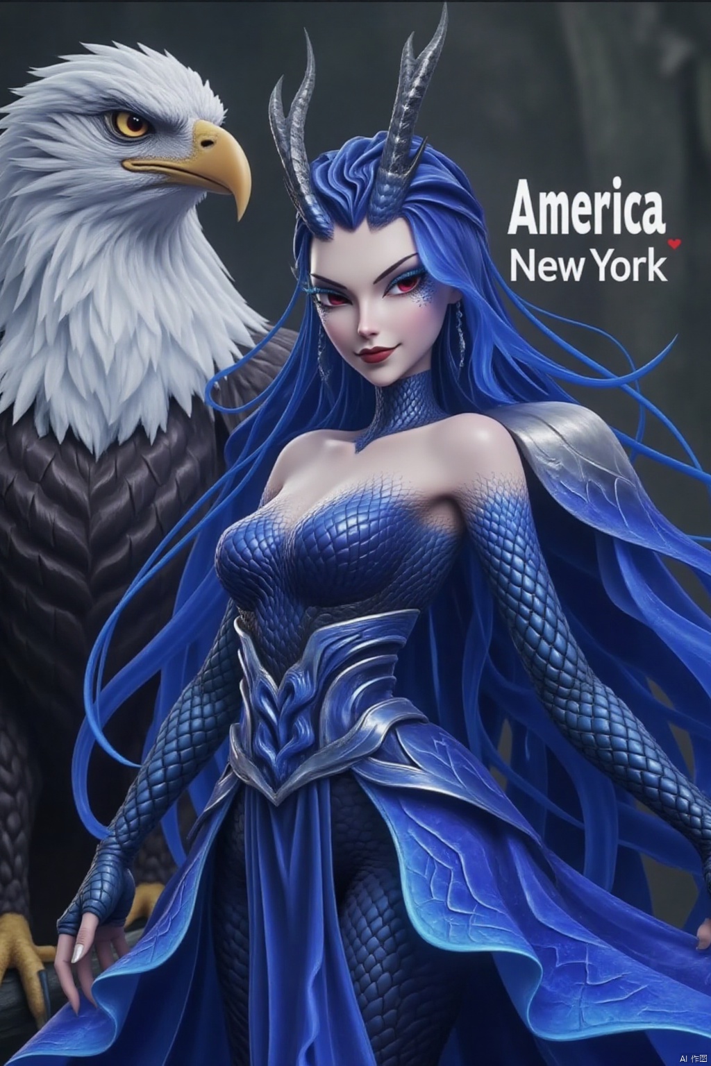 A close-up shot of a woman. She was wearing a blue dragon patterned outfit, paired with a blue strapless bra. Her face is adorned with silver earrings, she has red pupils, black eyelashes, and pointed eyes. Her hair hung down on her back, his ears had silver reflections, and he was wearing an elegant and flowing blue long dress. She looked arrogant, with blue metal scales on her arms and legs.
The bald eagle next to him creates a sharp contrast between the background and the character's attire in New York, USA. The word 'America' is highlighted in the upper right corner of the image.