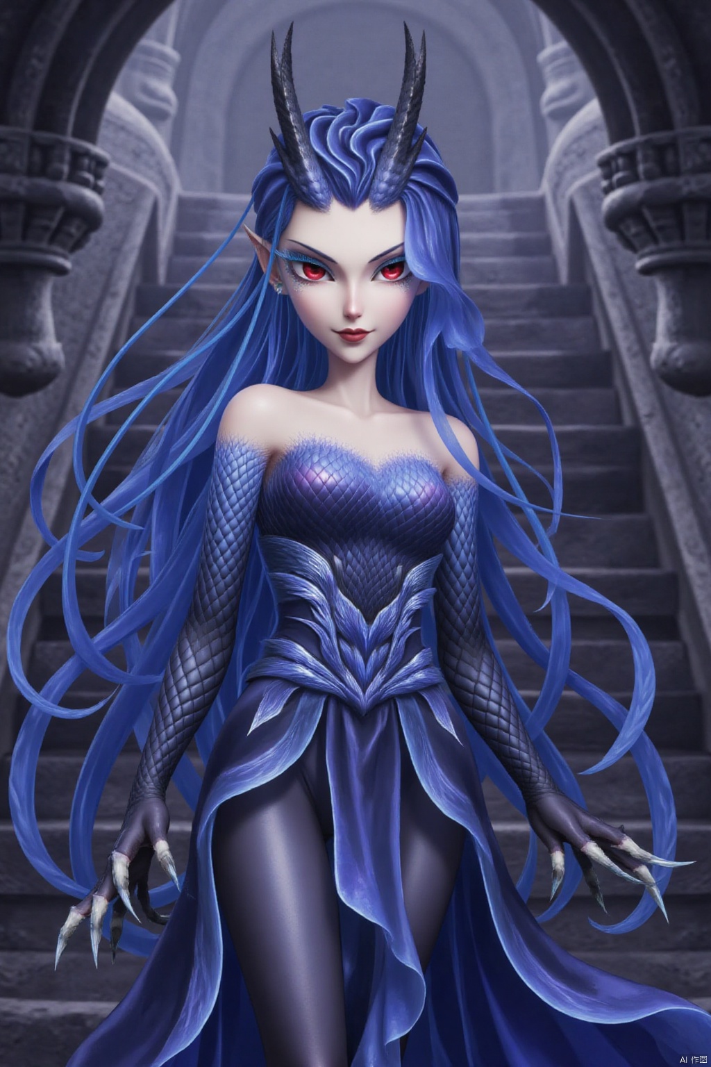 1girl, solo, long hair, red eyes, dress, bare shoulders, blue hair, standing, full body, blue dress, monster girl, strapless dress, claws, stairs
