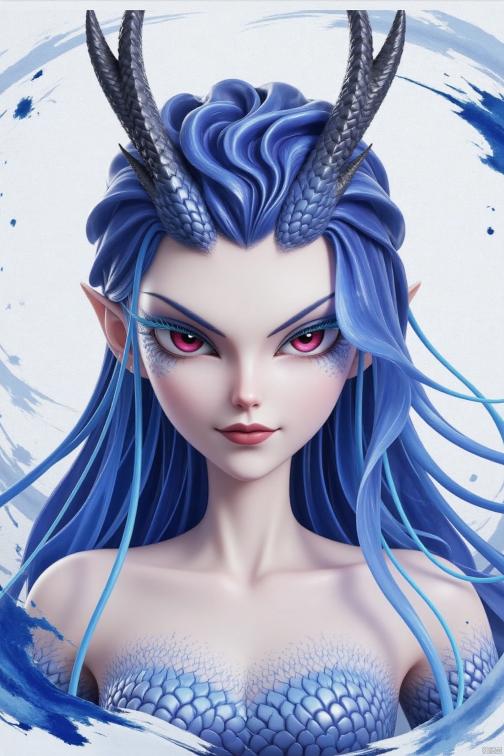 A half - body 3D rendering of a woman. She has blue hair and wears a dragon - themed headband. Her eyes are applied with colored eye drops, adding a bright touch to her face. Her hair cascades over her shoulders, outlining her entire face. Her eyes convey a cold and disdainful look. The background features a splashed - ink effect, adding a sense of depth to the image.