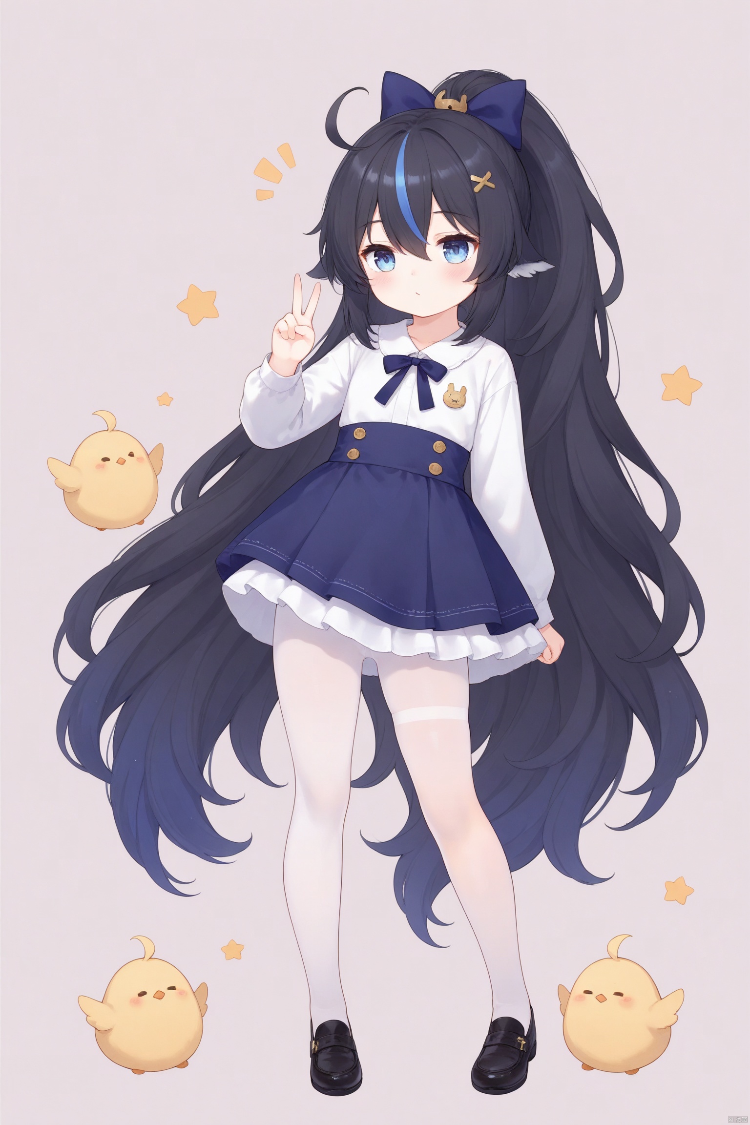 tsubasachyan,cxnice3,lolisugerjio,ku(azurelane),masterpiece,best quality,high quality,loli, 1girl, solo, hair wings,long hair, blush, bangs, blue eyes,black hair, hair ornament, hair between eyes, very long hair, streaked hair,  blue hair, hair bow, standing, full body,  pantyhose, multicolored hair,  shoes,  tall ponytail,  white pantyhose, simple background,V,single thighhigh,two-tone hair, ahoge, 
