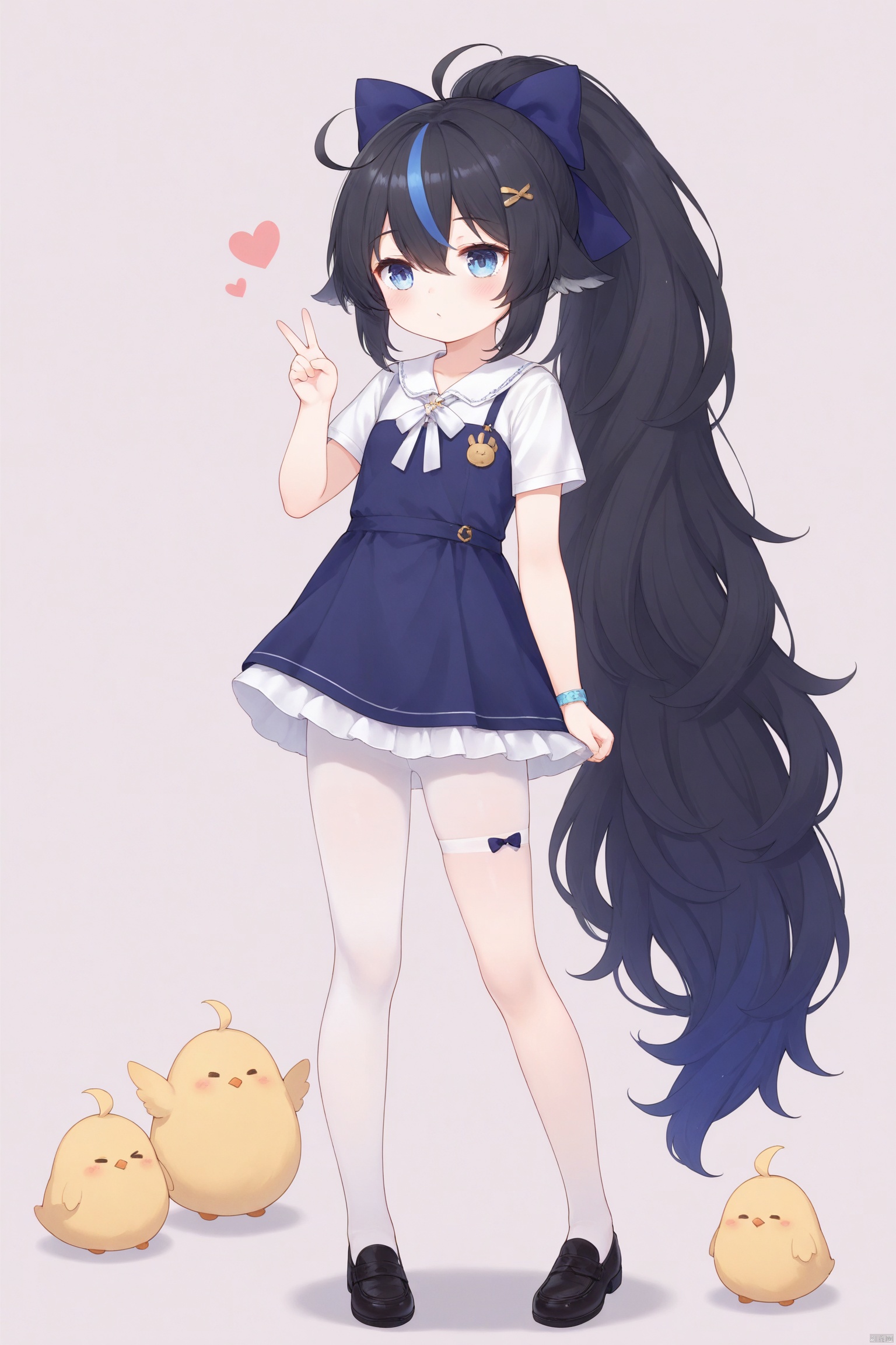 tsubasachyan,cxnice3,lolisugerjio,ku(azurelane),masterpiece,best quality,high quality,loli, 1girl, solo, hair wings,long hair, blush, bangs, blue eyes,black hair, hair ornament, hair between eyes, very long hair, streaked hair,  blue hair, hair bow, standing, full body,  pantyhose, multicolored hair,  shoes,  tall ponytail,  white pantyhose, simple background,V,single thighhigh,two-tone hair, ahoge, 