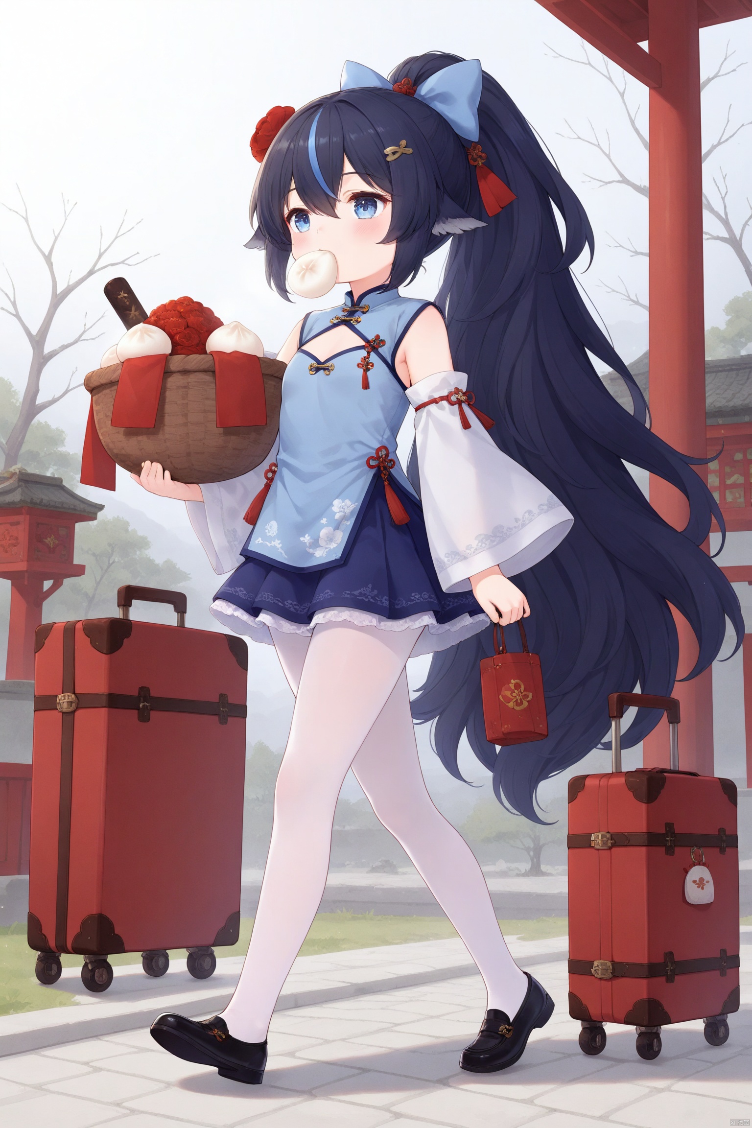 tsubasachyan,cxnice3,lolisugerjio,ku(azurelane),masterpiece,best quality,high quality,loli, 1girl, solo, hair wings,long hair, blush, bangs, blue eyes, skirt, black hair, hair ornament, long sleeves, dress, holding, hair between eyes, very long hair, streaked hair,  blue hair, hair bow, standing, full body, flower, pantyhose, multicolored hair, outdoors, detached sleeves, food, shoes, wide sleeves, black footwear, tall ponytail, tree, blue skirt, mouth hold, chinese clothes, red flower, walking, white pantyhose, basket, bare tree, suitcase, baozi,