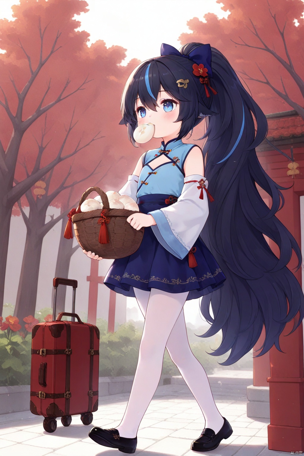 tsubasachyan,cxnice3,lolisugerjio,ku(azurelane),masterpiece,best quality,high quality,loli, 1girl, solo, hair wings,long hair, blush, bangs, blue eyes, skirt, black hair, hair ornament, long sleeves, dress, holding, hair between eyes, very long hair, streaked hair,  blue hair, hair bow, standing, full body, flower, pantyhose, multicolored hair, outdoors, detached sleeves, food, shoes, wide sleeves, black footwear, tall ponytail, tree, blue skirt, mouth hold, chinese clothes, red flower, walking, white pantyhose, basket, bare tree, suitcase, baozi,