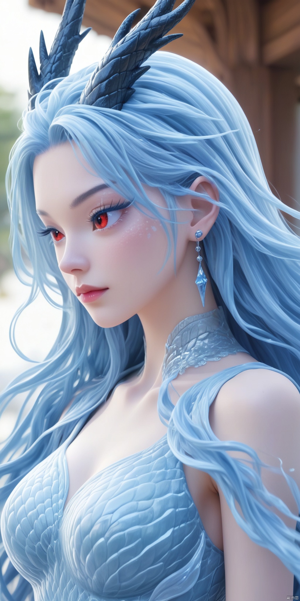 1girl,Long light blue hair,Blue eye shadow,Dragon horn,Red eye,Earrings,Eyelashes,Scales,jewelry,  dress, long hair, upper body,close-up