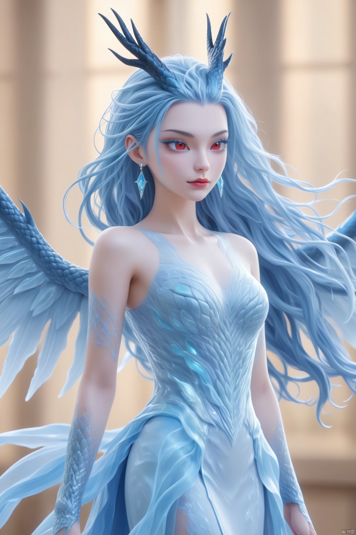 1girl,Long light blue hair,Blue eye shadow,Dragon horn,Red eye,Earrings,Eyelashes,Scales,wings, jewelry,  dress, long hair, earrings,