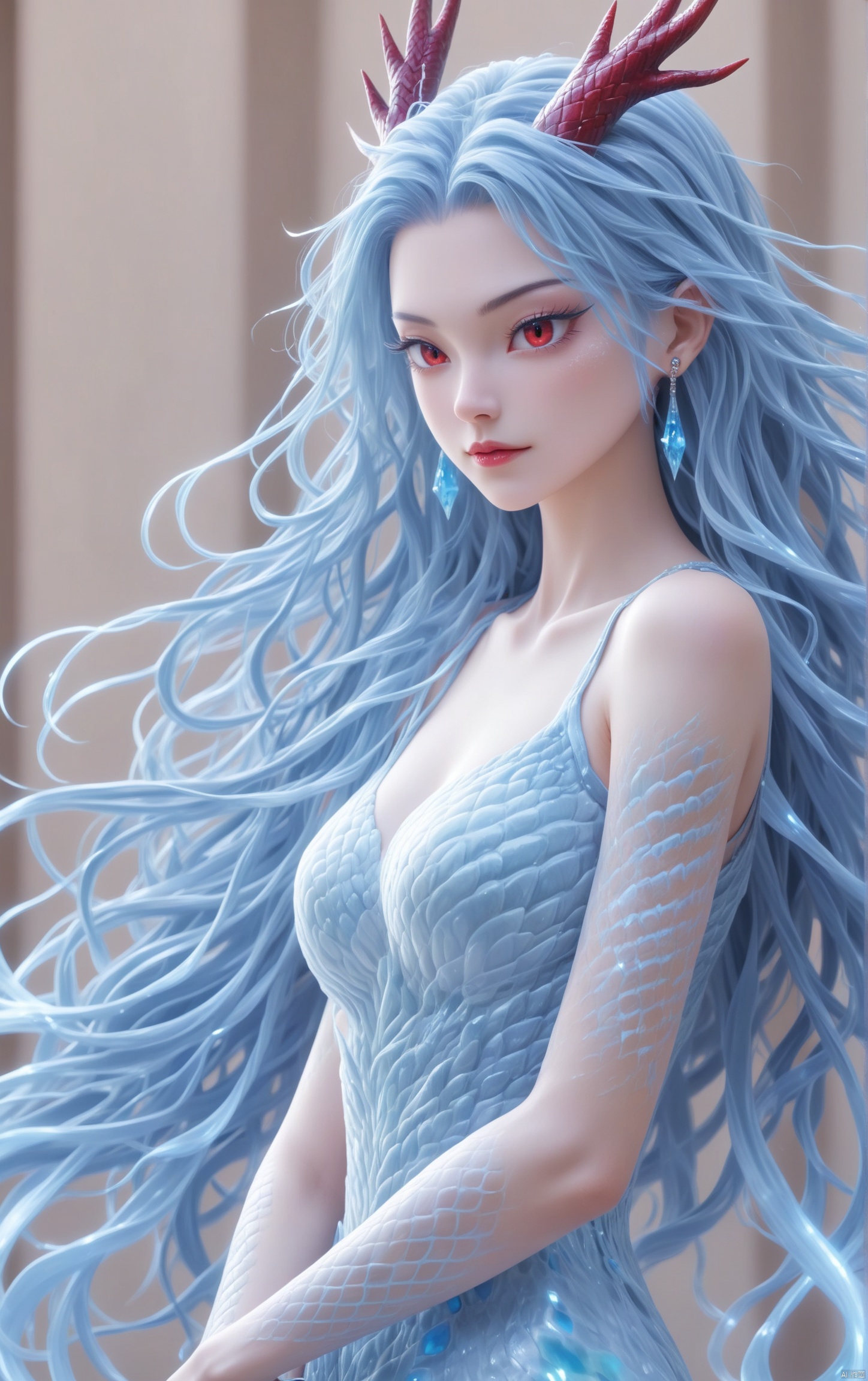 1girl,Long light blue hair,Blue eye shadow,Dragon horn,Red eye,Earrings,Eyelashes,Scales,jewelry,  dress, long hair, 