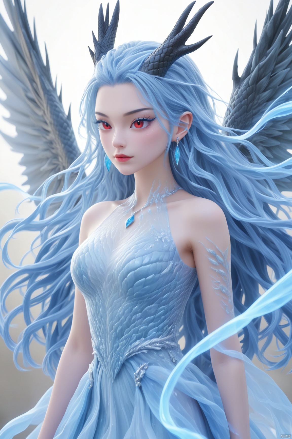 1girl,Long light blue hair,Blue eye shadow,Dragon horn,Red eye,Earrings,Eyelashes,Scales,wings, jewelry,  dress, long hair, earrings,