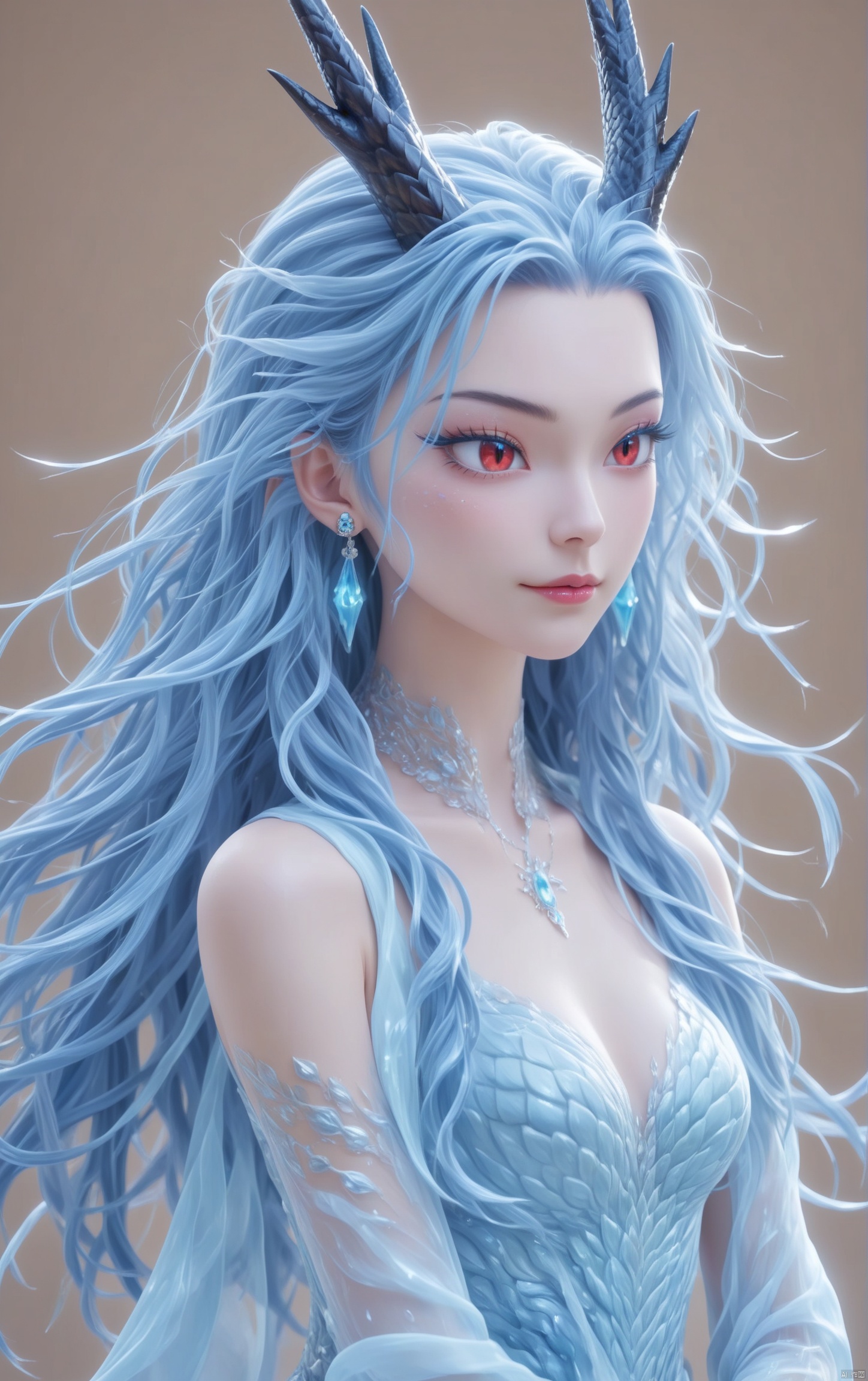 1girl,Long light blue hair,Blue eye shadow,Dragon horn,Red eye,Earrings,Eyelashes,Scales,jewelry,  dress, long hair, 