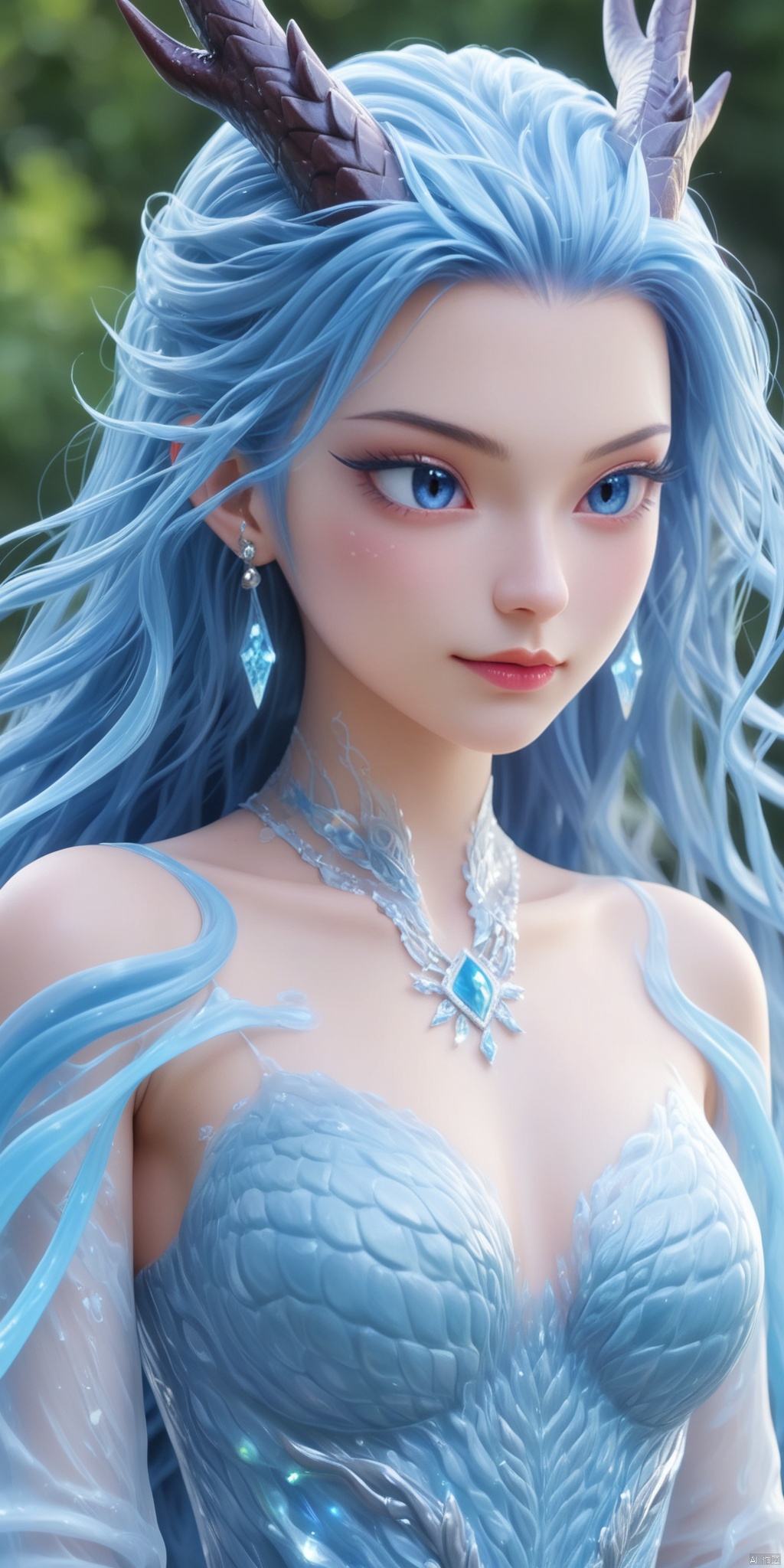 1girl,Long light blue hair,Blue eye shadow,Dragon horn,Red eye,Earrings,Eyelashes,Scales,jewelry,  dress, long hair, upper body,close-up