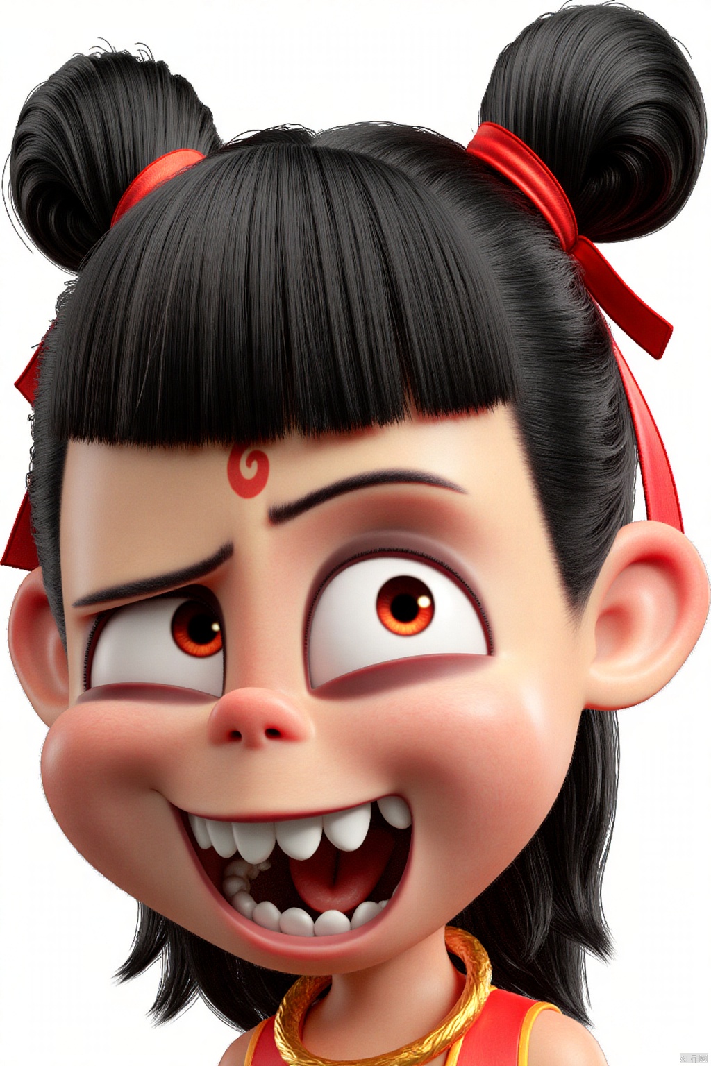 A close-up view of a cartoon character with black hair and a red bow on its head. The character's eyes are large and round, and the eyes are tinted red. The mouth is open, and its teeth are white. The background is a solid white, and there is a gold necklace around the neck of the character's neck.