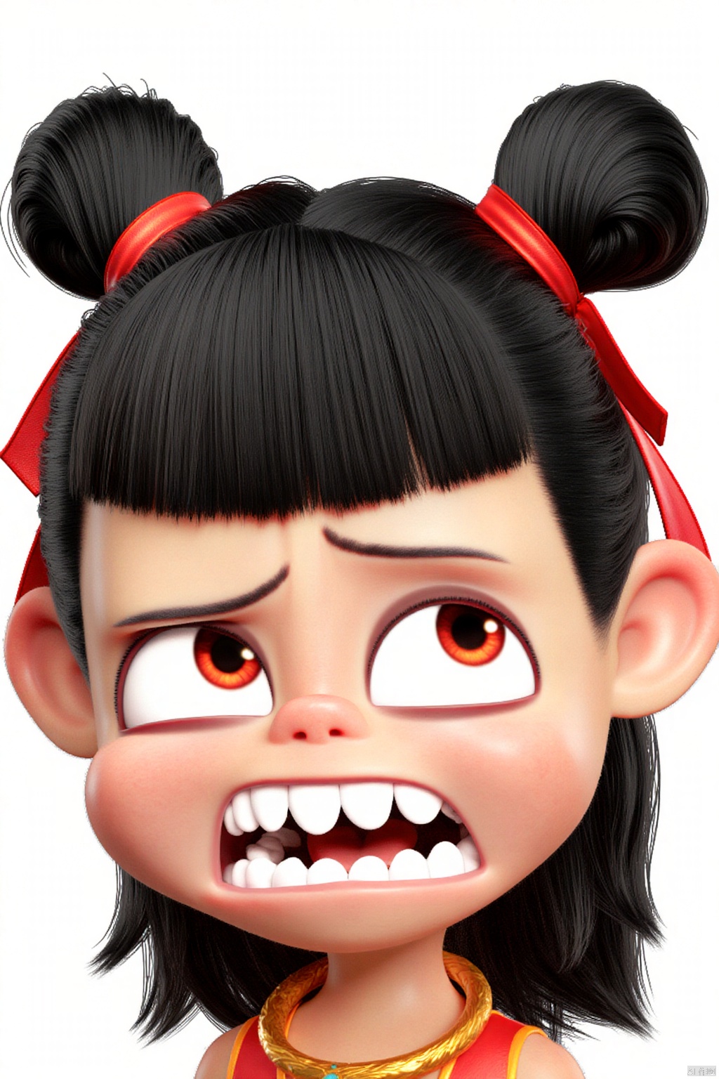 a close-up of a cartoon character's face is depicted. The character's head is adorned with black hair tied up in two bunches, each with a red ribbon tied around their ears. The eyes are a piercing of red, while the mouth is open, revealing white teeth. The background is a stark white, allowing the character to stand out.
