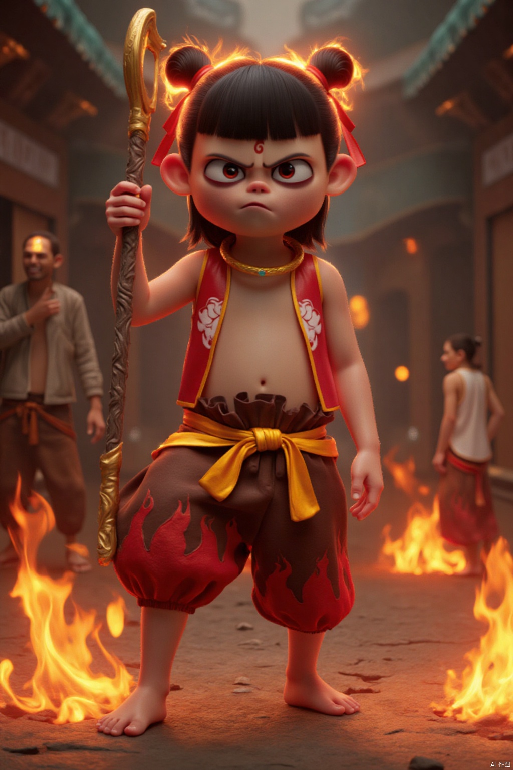 A fantasy masterpiece: 'Nazar's Fury'. A 6-year-old shota, Nazaha, stands defiantly, his black hair ablaze with fiery locks. His red eyes glow like embers as he pouts his lips in disdain. He holds a polearm, its metal shaft gleaming in the vibrant colors of the scene. His upper body is bare, while his lower half is clad in red shorts and bound by a crimson ribbon. The ground beneath him crackles with fireballs, each foot stepped on one as he stands firm. In the background, a man continues to smile serenely, amidst the fiery chaos. Perfectly framed, this 8K wallpaper masterpiece is a symphony of colors, composition, and lighting, a true work of art.