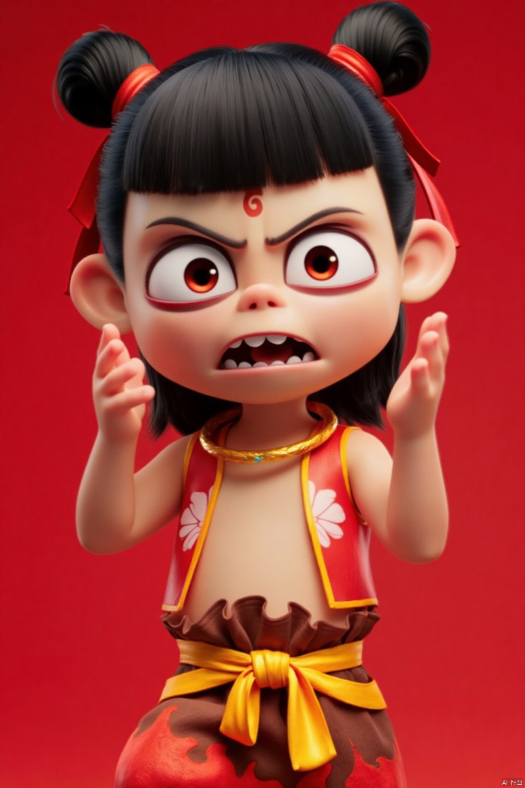 a medium-sized Asian doll with dark brown hair tied up in a ponytail with a red ribbon tied in a bow at the top. The doll's eyes are wide open, and its mouth is slightly open, revealing sharp teeth. She is wearing a red dress with a yellow belt tied around her waist, adorned with a white flower design. Her hands are raised in the air, adding a touch of balance to the scene. The background is a vibrant red, creating a striking contrast to the doll's outfit.