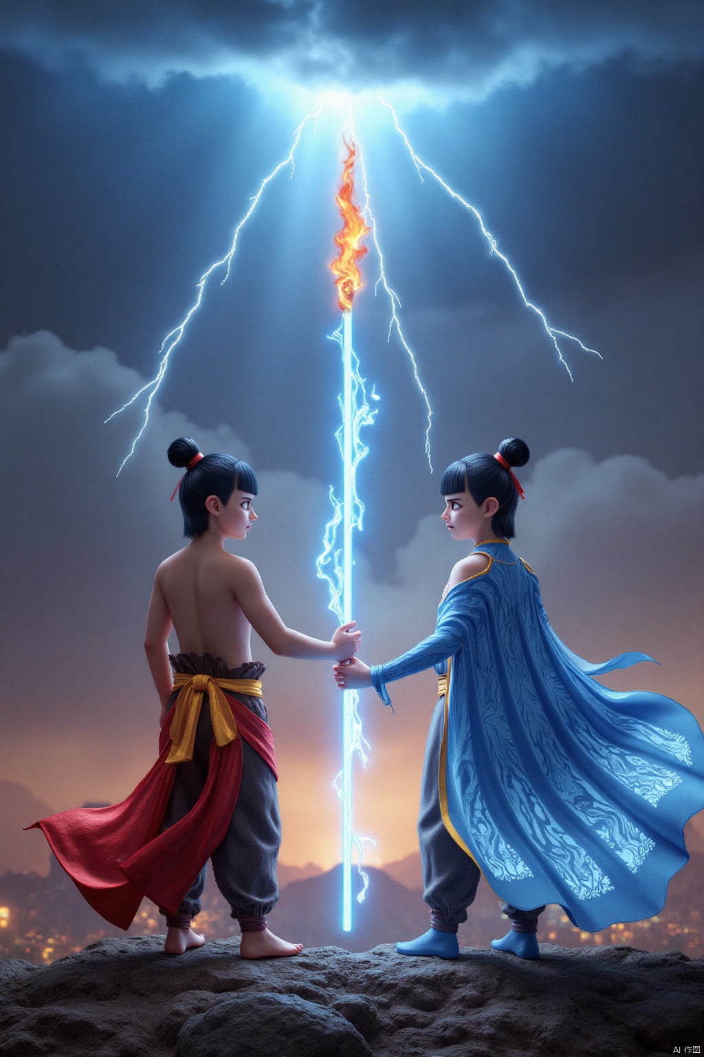 Ne Zha and Ao Bing stand side by side, facing the Heavenly Tribulation together. Thunder rumbles loudly in the sky, and the lights on their bodies echo each other. Ne Zha holds his Fire - tipped Spear high, while Ao Bing raises an ice shield. They bravely resist the powerful force of the Heavenly Tribulation, their determination unwavering in the face of this great challenge.