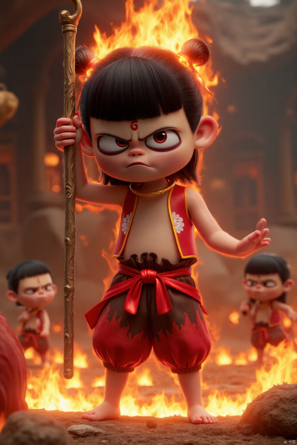 A fantasy masterpiece: 'Nazar's Fury'. A 6-year-old shota, Nazaha, stands defiantly, his black hair ablaze with fiery locks. His red eyes glow like embers as he pouts his lips in disdain. He holds a polearm, its metal shaft gleaming in the vibrant colors of the scene. His upper body is bare, while his lower half is clad in red shorts and bound by a crimson ribbon. The ground beneath him crackles with fireballs, each foot stepped on one as he stands firm. In the background, a man continues to smile serenely, amidst the fiery chaos. Perfectly framed, this 8K wallpaper masterpiece is a symphony of colors, composition, and lighting, a true work of art.