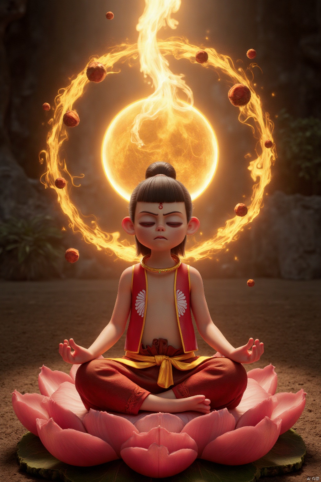 A serene and majestic scene: Nezha sits cross-legged on a massive lotus flower, his eyes shut in deep contemplation. A halo of golden light radiates from his body, illuminating the surrounding air where various magical artifacts float. His face exudes a sense of focused determination as he practices his spiritual exercises, his very being infused with an aura of inner peace and enlightenment.