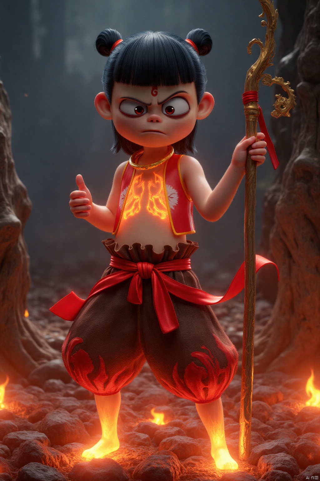 In this breathtaking fantasy scene, a youthful shota with piercing red eyes and raven-black hair stands poised, his upper body bare except for a fiery glow emanating from his torso. He grasps a polearm with precision, its metallic sheen reflecting the vibrant hues of his surroundings. The 8K wallpaper comes alive with blazing fireballs beneath each foot, as if he's standing on burning coals. A crimson ribbon cinches around his waist, complementing the fiery red shorts that leave little to the imagination. In the background, a mysterious figure remains unfazed, a knowing smile still plastered on their face. The composition is flawless, with the protagonist's pout of disdain juxtaposed against the serene calm of the unknown figure, creating an air of mystique. The lighting is nothing short of masterful, bathing the scene in a kaleidoscope of colors that seem to dance across the 8K canvas, inviting the viewer to step into this world of wonder and awe.