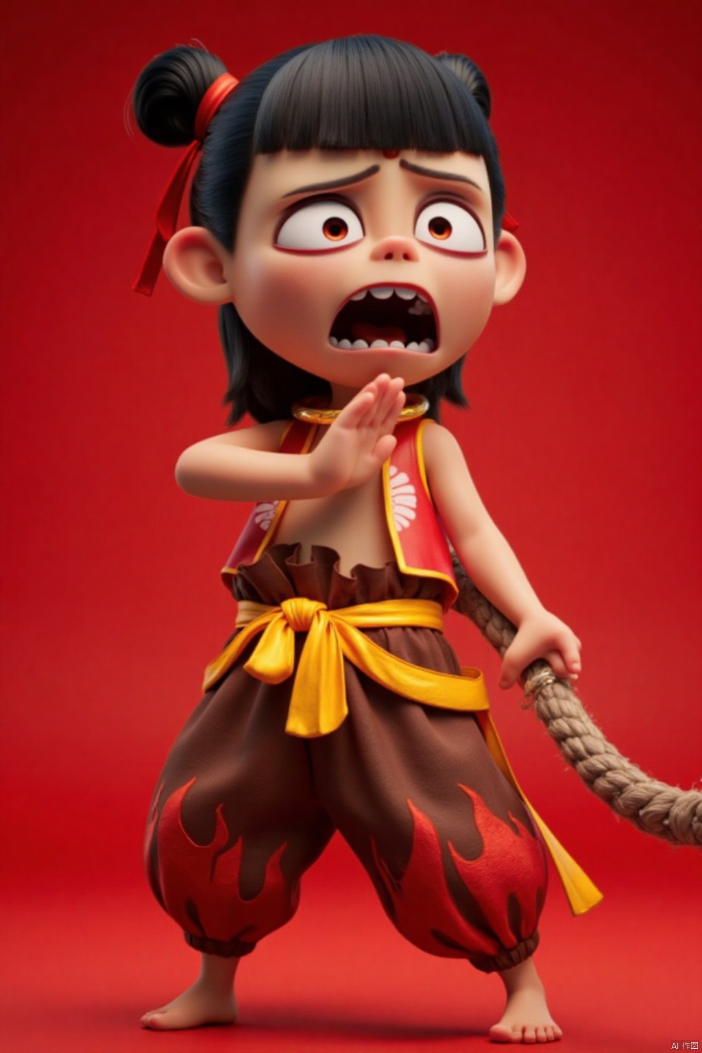 Captured from a low-angle perspective on a vibrant red backdrop, a cartoon girl dressed in a brown outfit with a yellow belt tied around her waist. Her hair is tied in a ponytail with a red bow at the top. Her eyes are wide open and her mouth is slightly open, as if she is screaming. She is holding a sword in her right hand, while her left hand is wrapped in a rope that is tied to her right shoulder. The sword is held in the left hand, and the girl's right hand is positioned in front of her mouth. Her right foot is positioned at the bottom of the frame, and her left foot is on the ground. The background is a deep red, creating a striking contrast to the cartoon girl's outfit.