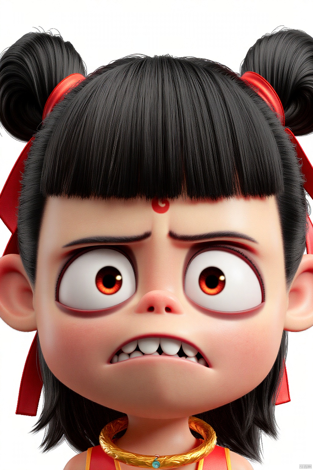 A close-up view of a cartoon character with black hair and a red bow on its head. The character's eyes are large and round, and the eyes are tinted red. The mouth is open, and its teeth are white. The background is a solid white, and there is a gold necklace around the neck of the character's neck.