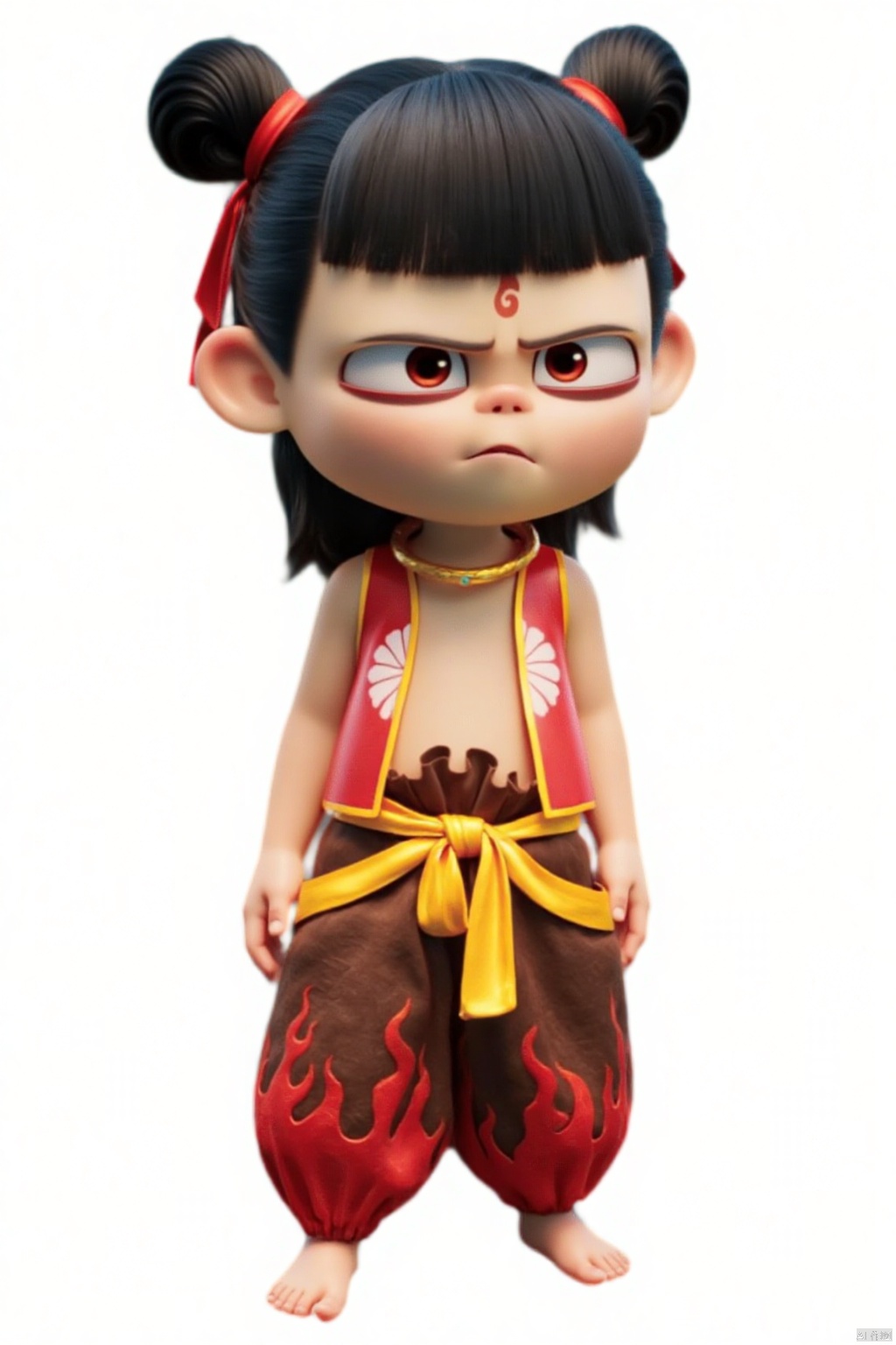 a medium-sized Asian doll with black hair and a red bow in her hair. The doll's face is adorned with a red and yellow dress, adorned with white flowers, and a yellow belt. Its skirt is adorned in a vibrant red pattern, adding a pop of color to the scene. The background is a stark white, creating a stark contrast to the doll's outfit.