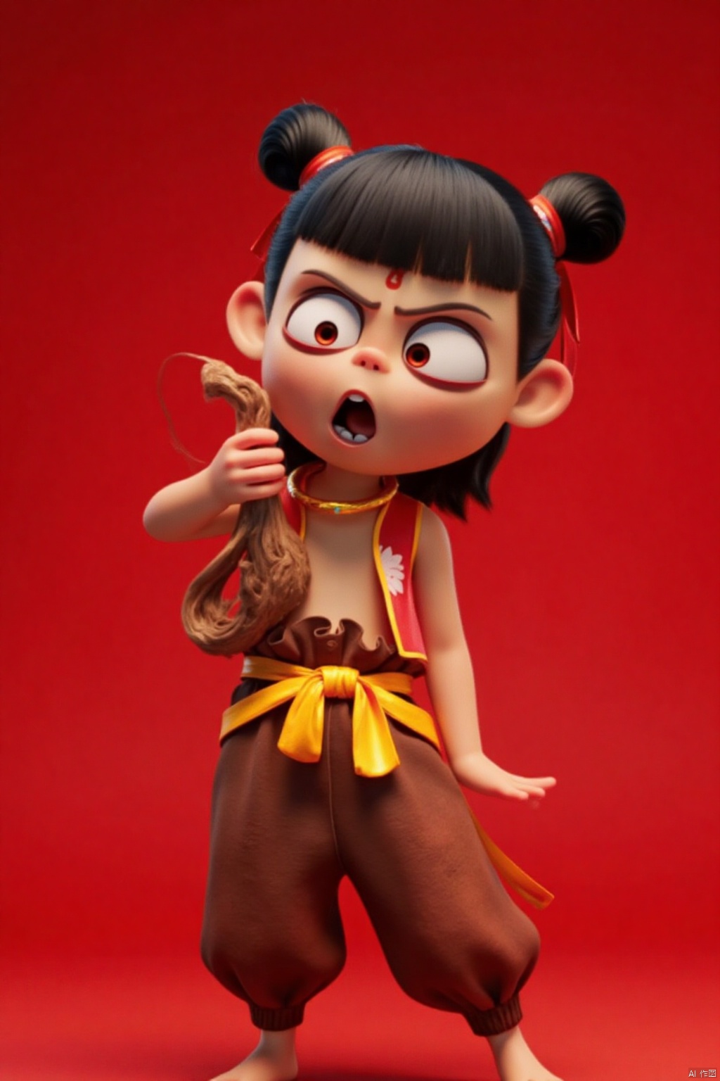 Captured from a low-angle perspective on a vibrant red backdrop, a cartoon girl dressed in a brown outfit with a yellow belt tied around her waist. Her hair is tied in a ponytail with a red bow at the top. Her eyes are wide open and her mouth is slightly open, as if she is screaming. She is holding a sword in her right hand, while her left hand is wrapped in a rope that is tied to her right shoulder. The sword is held in the left hand, and the girl's right hand is positioned in front of her mouth. Her right foot is positioned at the bottom of the frame, and her left foot is on the ground. The background is a deep red, creating a striking contrast to the cartoon girl's outfit.