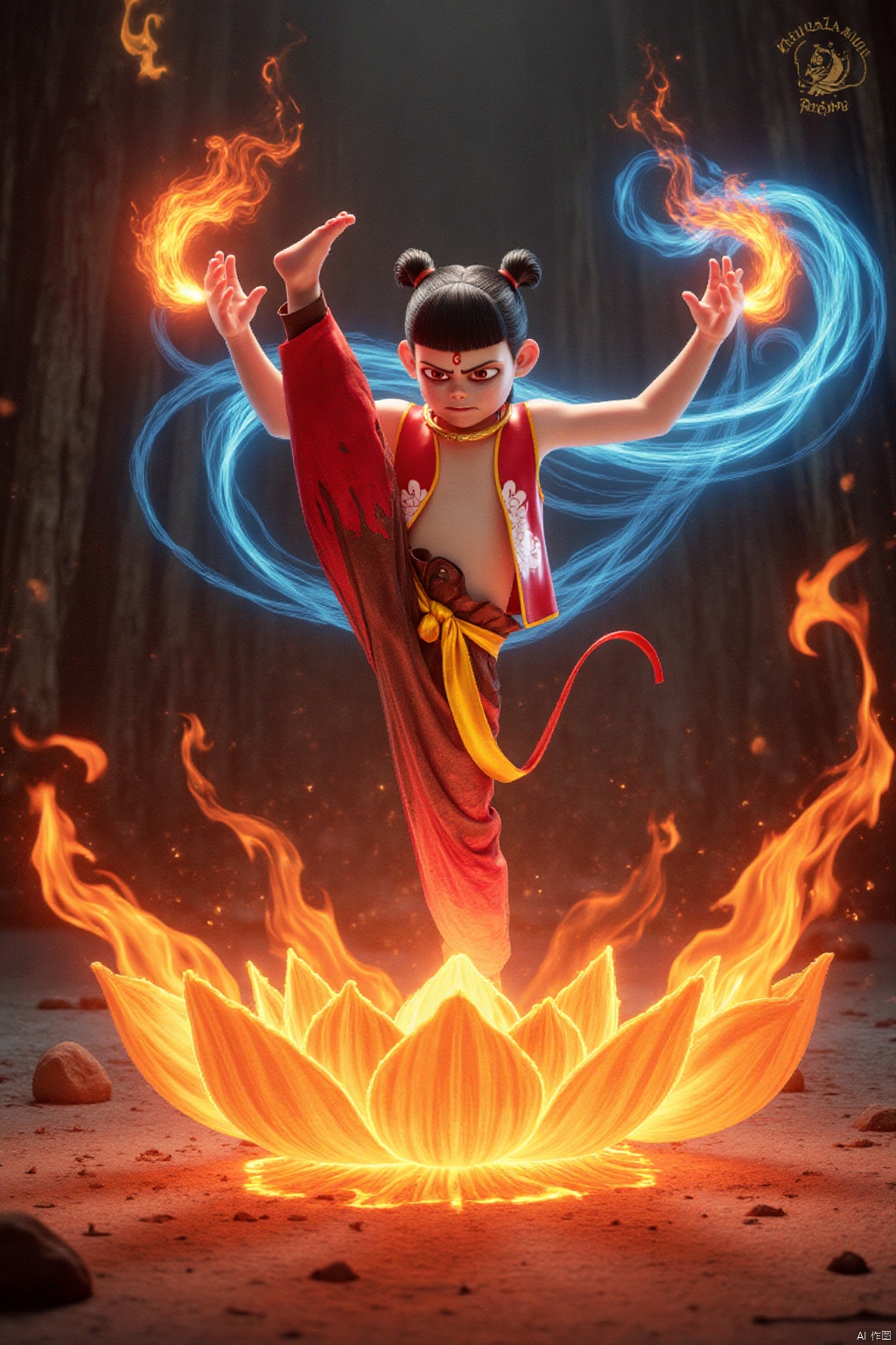 In a majestic, fiery setting, Nezha stands in a battle-ready stance, feet apart and fists raised. With his hands glowing bright blue, he unleashes a powerful kick, sending flames swirling around him. His arms are wrapped in a whirlpool of energy, with crimson threads of fire crackling like sparks. As he strikes, the ground beneath him erupts into a blazing lotus flower. Watercolor-inspired effects and particle simulations blend seamlessly to create an immersive, dynamic atmosphere.