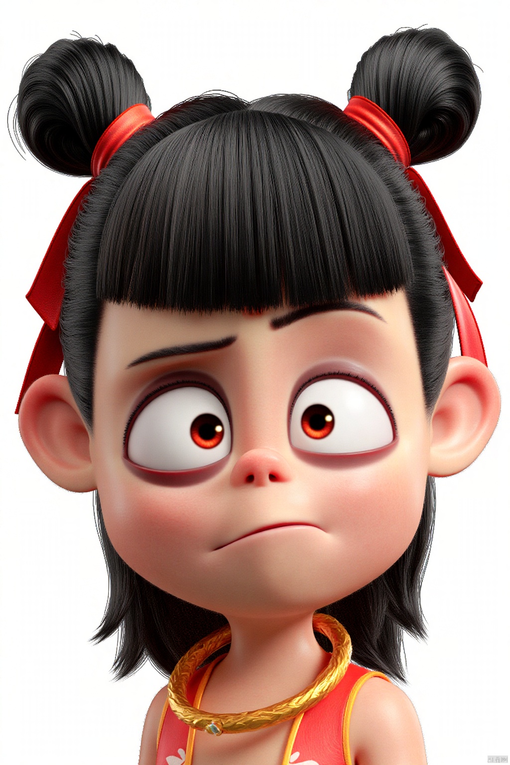 a close-up of a cartoon girl's face is adorned with a gold necklace. The girl's eyes are wide open, revealing a pair of red eyes. Her hair is styled in two bunches, with a red ribbon tied around her head. Her ears are slender and pointy, adding a touch of warmth to the scene. The background is a stark white, creating a stark contrast to the girl's head.