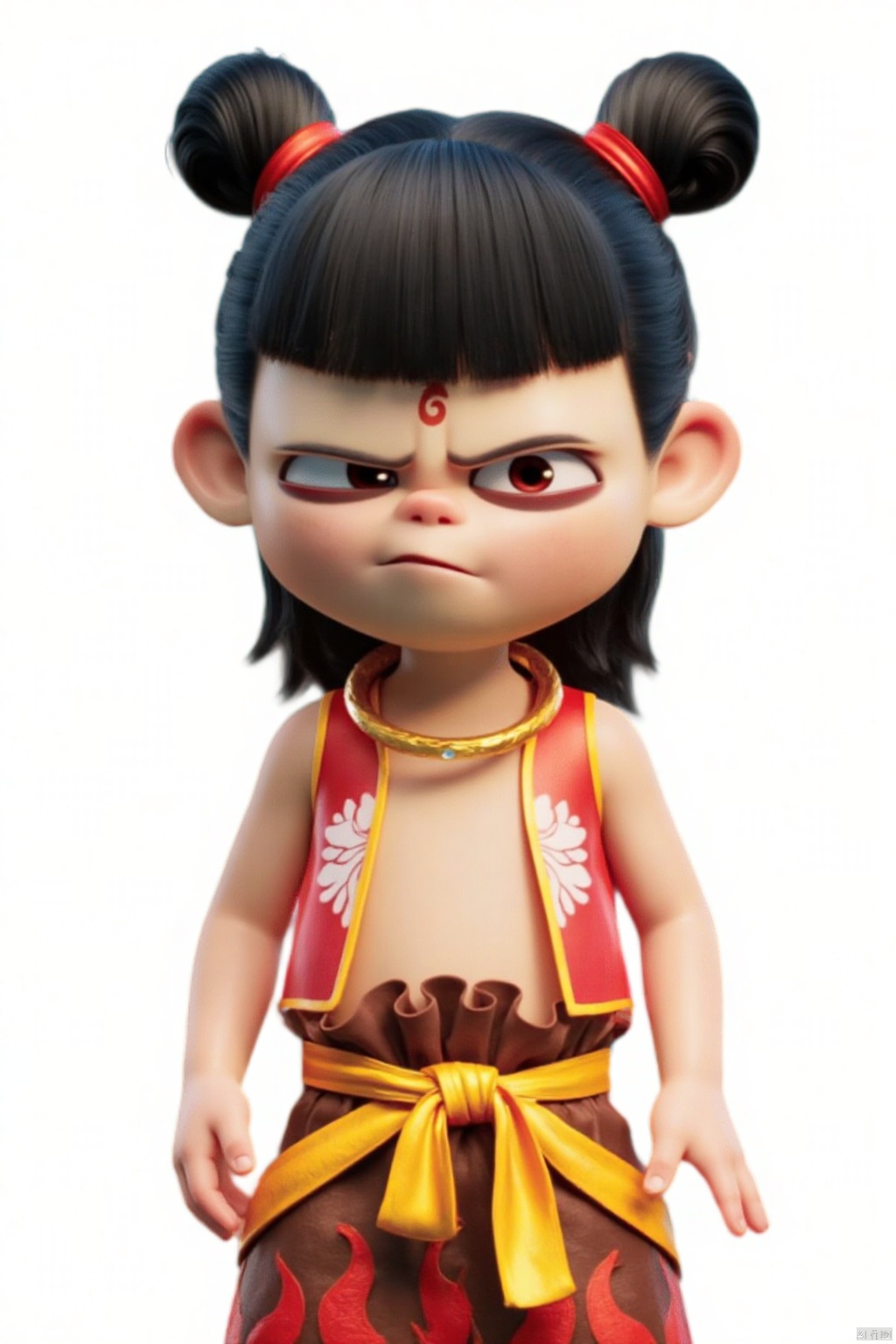 a medium-sized Asian doll with black hair and a red bow in her hair. The doll's face is adorned with a red and yellow dress, adorned with white flowers, and a yellow belt. Its skirt is adorned in a vibrant red pattern, adding a pop of color to the scene. The background is a stark white, creating a stark contrast to the doll's outfit.